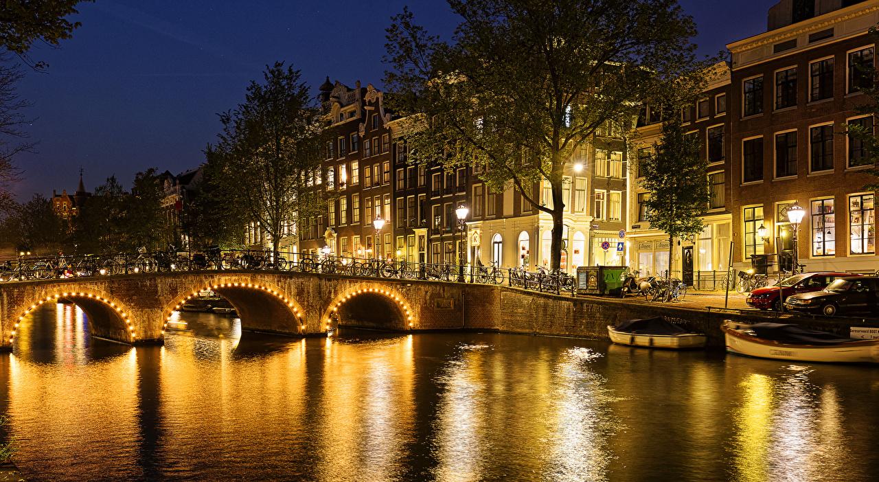 1280x702 Wallpaper Amsterdam Netherlands Canal Bridges Berth night time