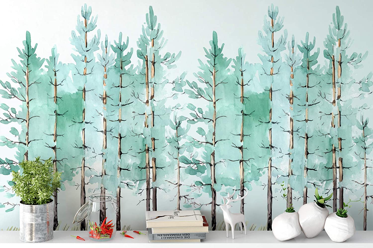 1500x998 Murwall Modern Mint Green Tree Painting Forest Wallpaper Jungle Wall Decor Tropical Cafe Decor Natural Home Decor Living Room Entryway : Handmade Products
