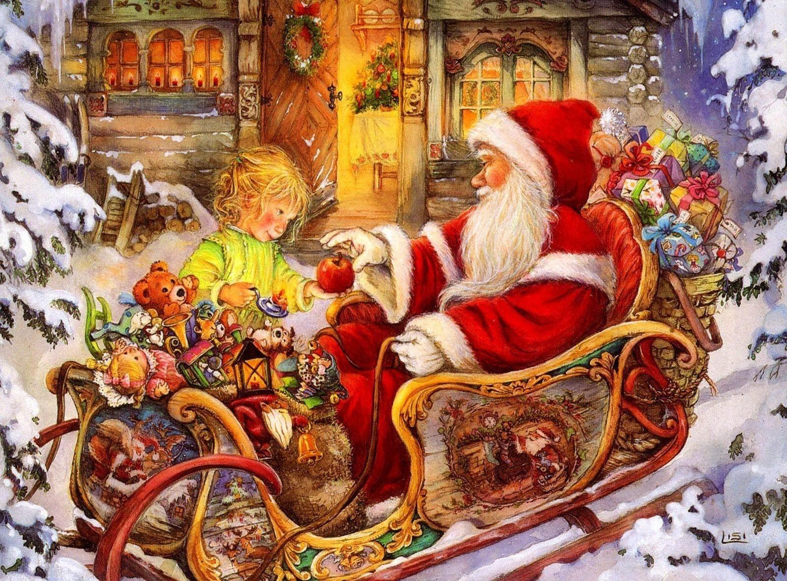 1600x1180 Santa claus, Sleigh, Baby, Apple, Gifts, Holiday, Christmas