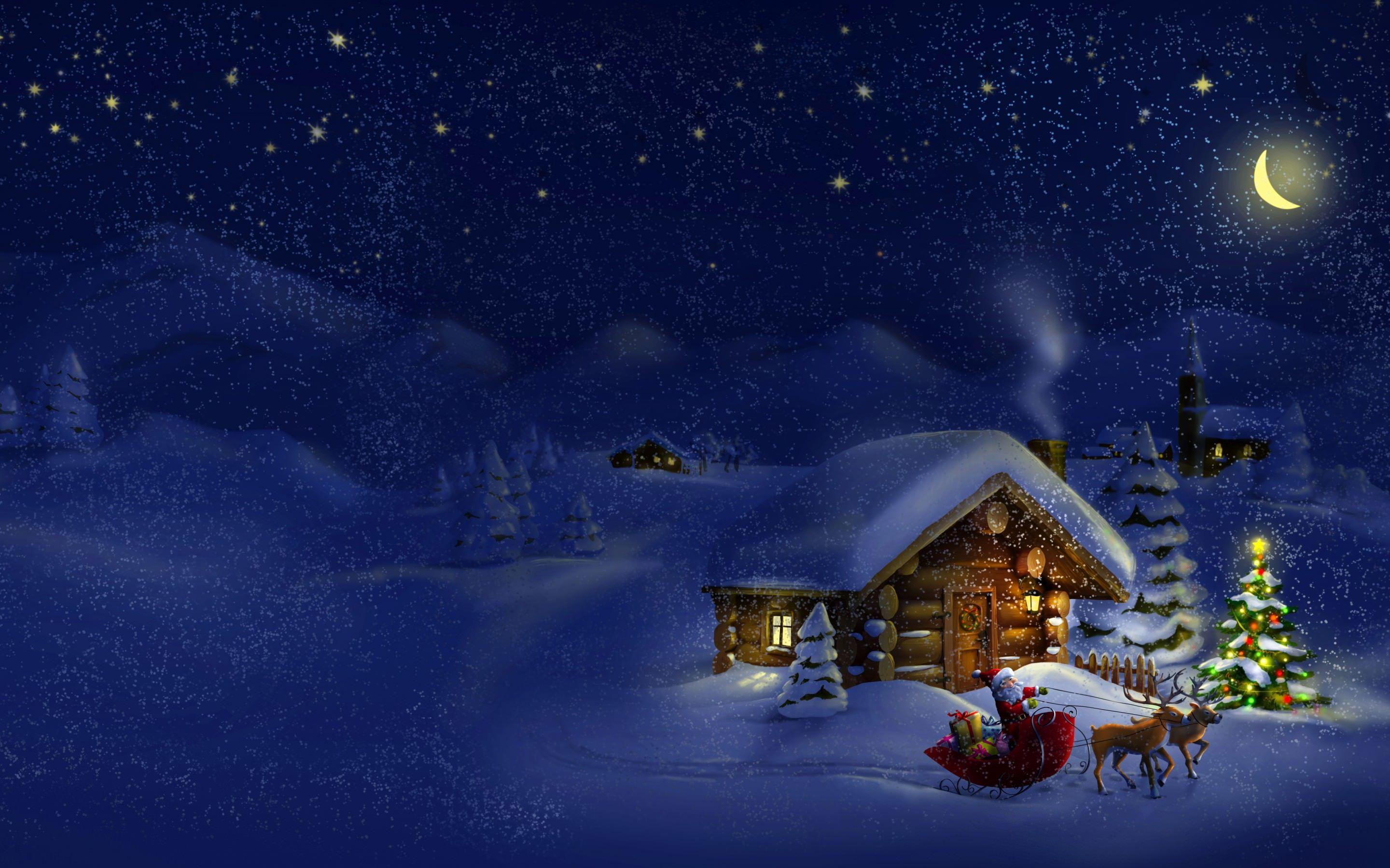 2880x1800 Merry Christmas And Happy New Year Village Santa Sleigh With