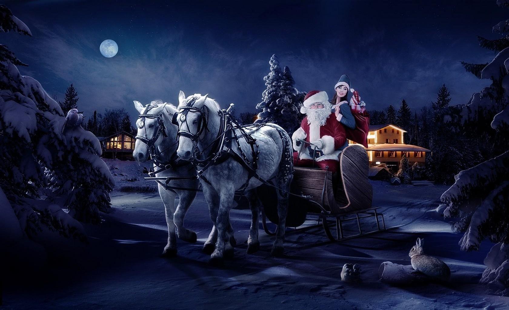 1680x1024 Santa claus, Sleigh, Girl, Horse, Tree, Night, Christmas, Bag, Gifts