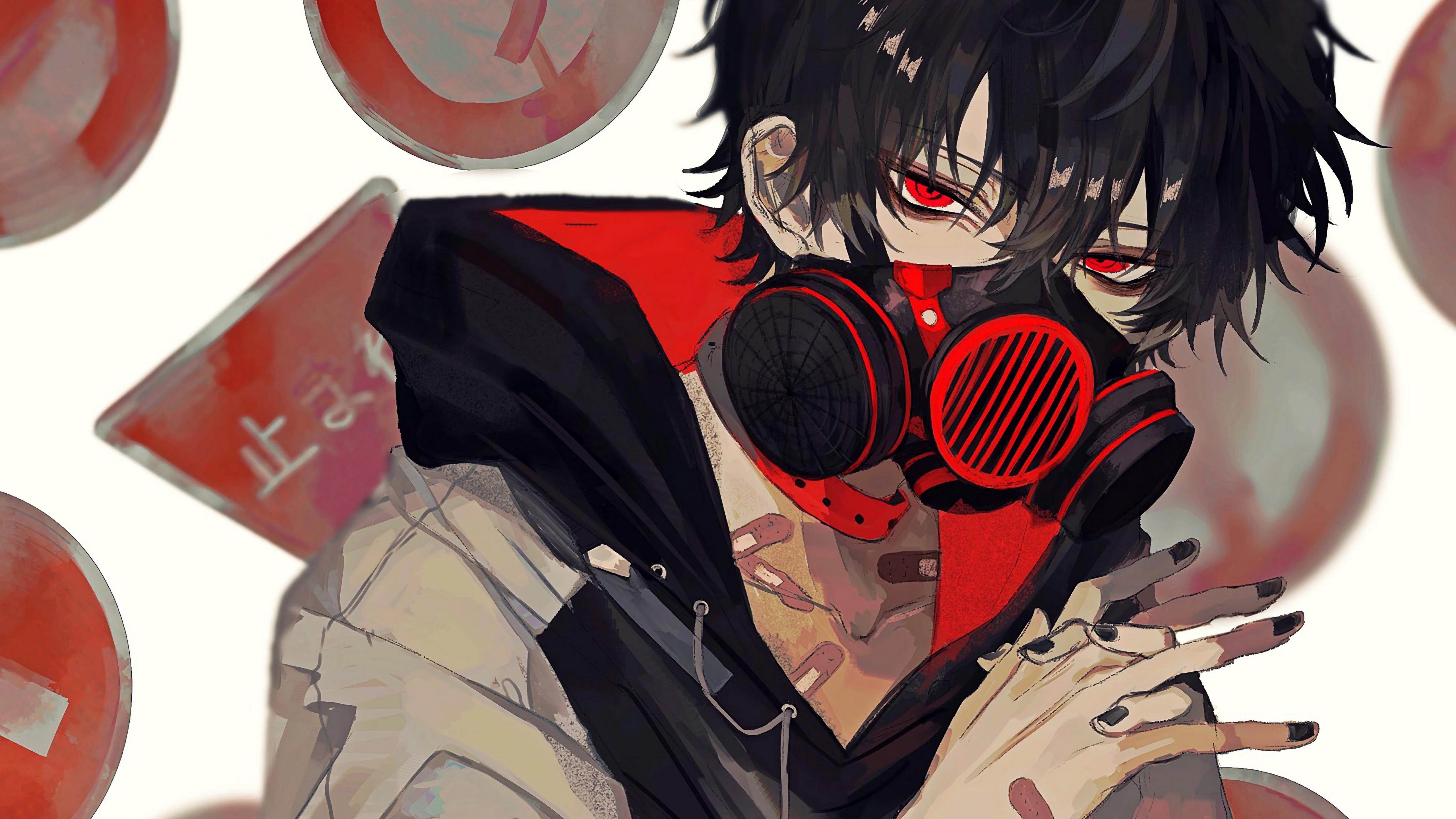 5120x2880 Anime Boy Gas Mask 4K Wallpaper