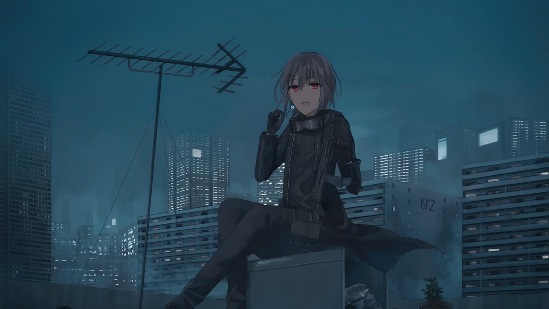 1920x1080 Download 1920x1080 Anime Boy, Candy, Red Eyes, Night, Rooftop, Clean Sky Wallpaper for Widescreen