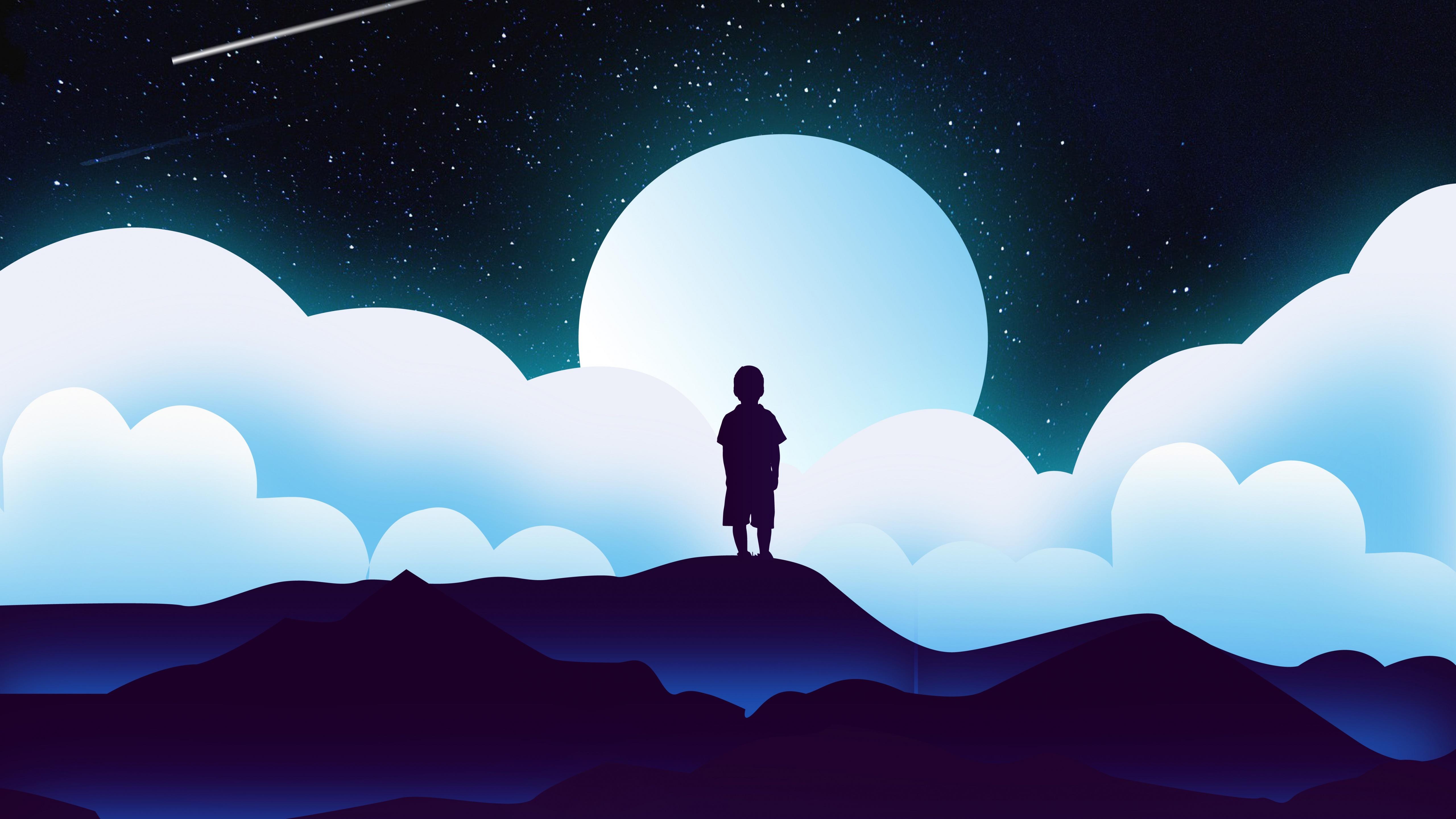 5120x2880 Boy Wallpaper 4K, Silhouette, Kid, Alone, Moon