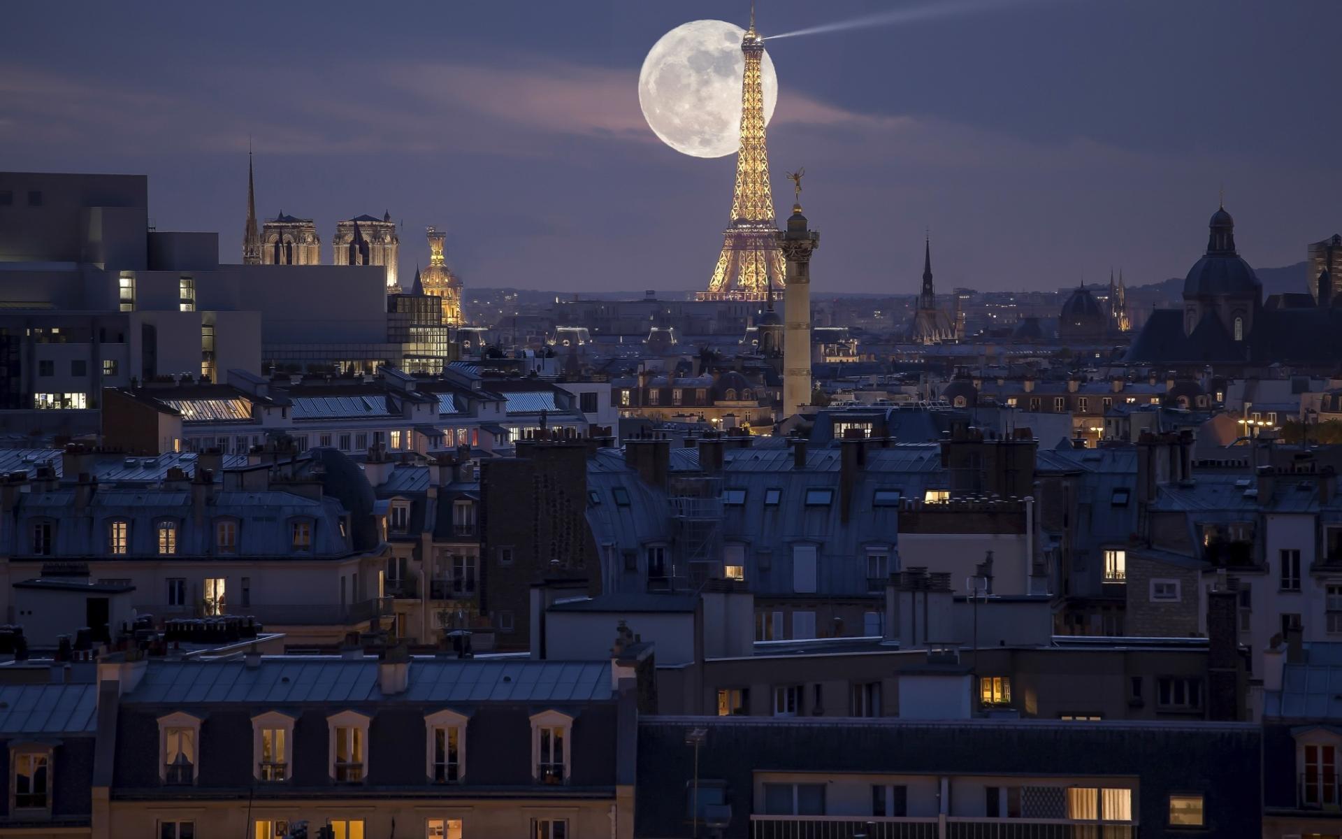 1920x1200 Wallpaper Of City, Eiffel Tower, France, Moon, Night, Area HD Wallpaper