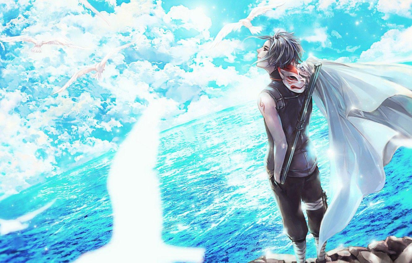 1332x850 Wallpaper the sky, clouds, birds, smile, the ocean, anime, mask, art, naruto, guy, naruto, Kakashi Hatake, scarlet97 image for desktop, section сёнэн