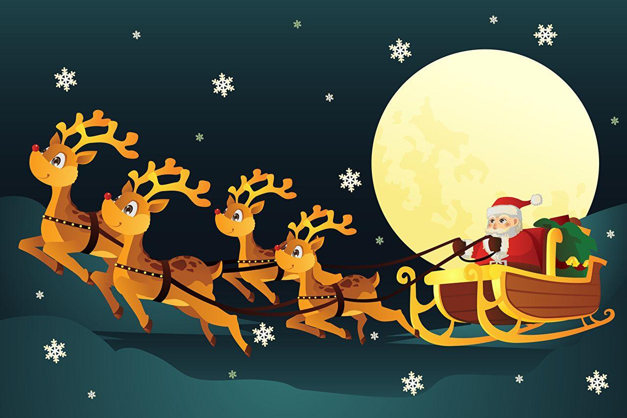 1280x853 Picture Deer New year Sled Snowflakes Santa Claus Holidays Vector