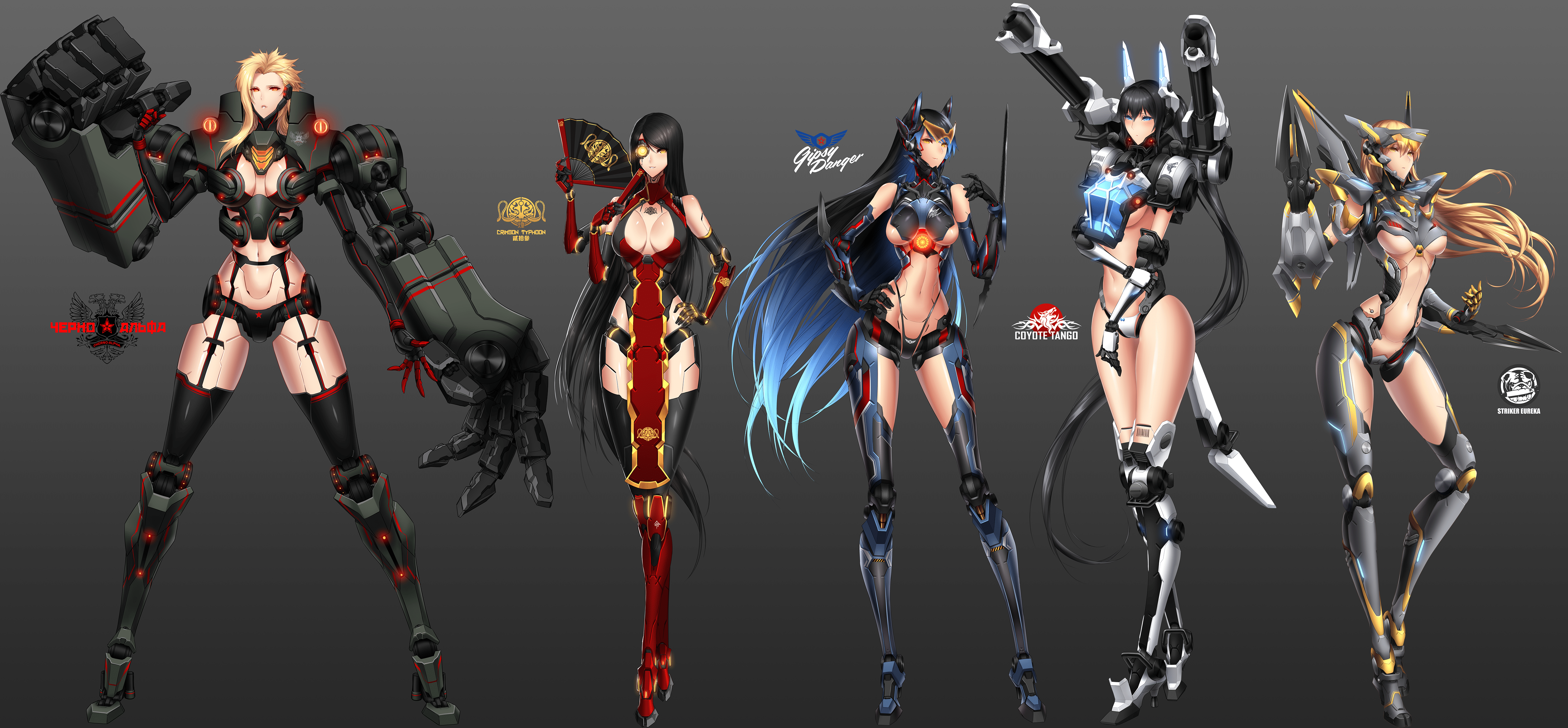 5000x2322 anthropomorphism black hair blonde hair blue eyes blue hair breasts cherno alpha cleavage coyote tango crimson typhoon fan gipsy danger long hair navel pacific rim red eyes robot sigm striker eureka yellow