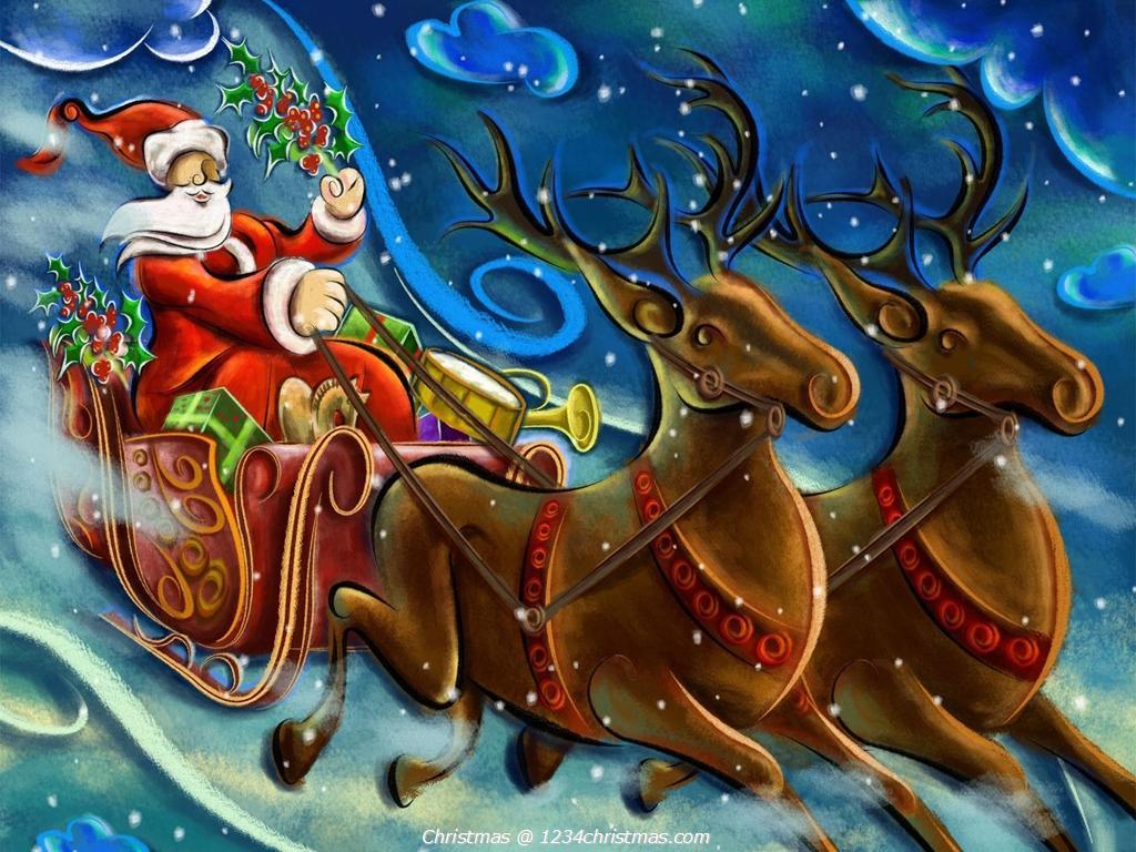 1024x768 Christmas Santa Flying Reindeer Sleigh Wallpaper Download