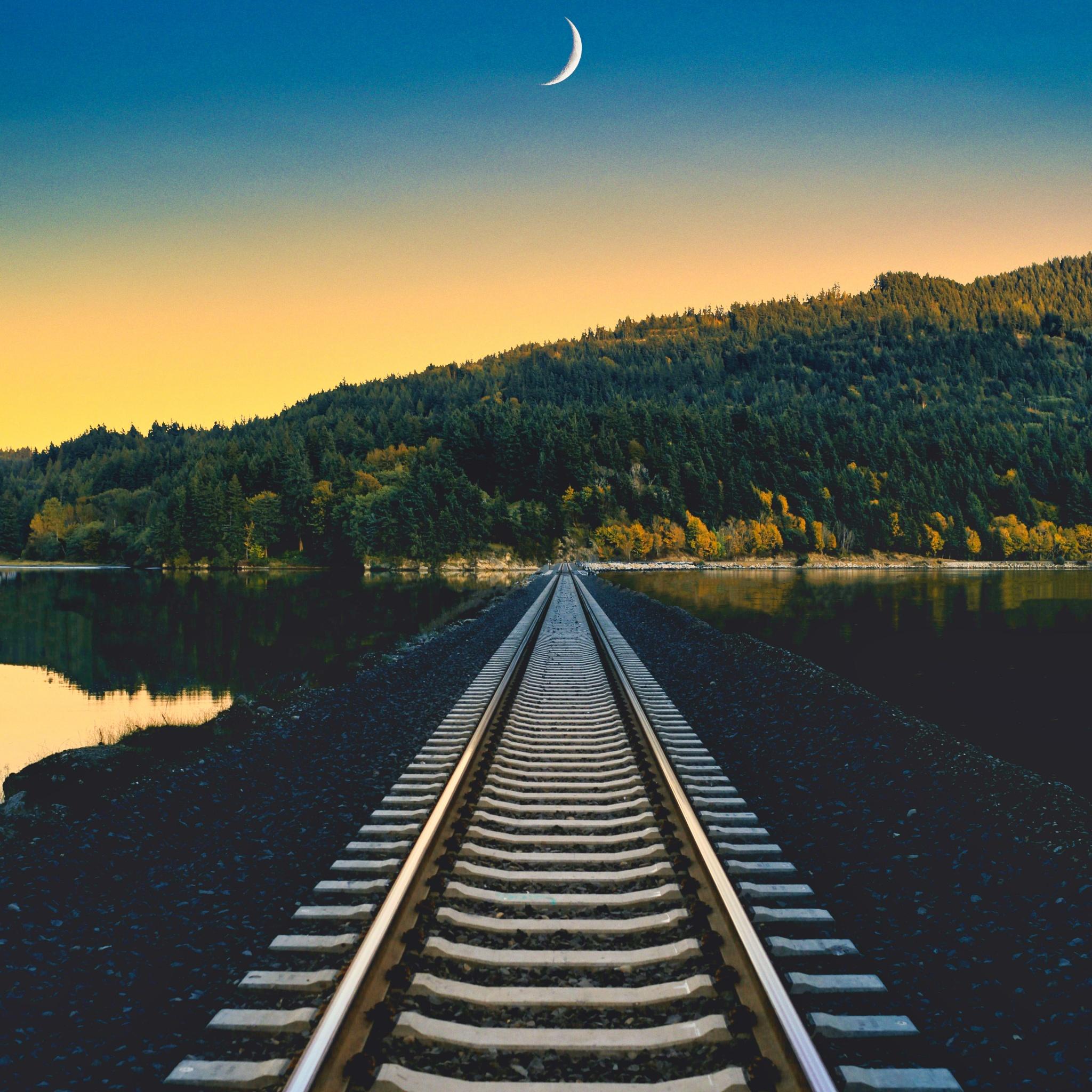 2048x2048 Railroad Wallpaper 4K, Rail track, Mountain, River, Crescent Moon, Nature