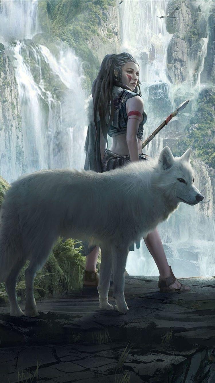 750x1334 Fantasy Girl And Wolf, Mountains, Waterfalls 750x1334 IPhone 8 7 6