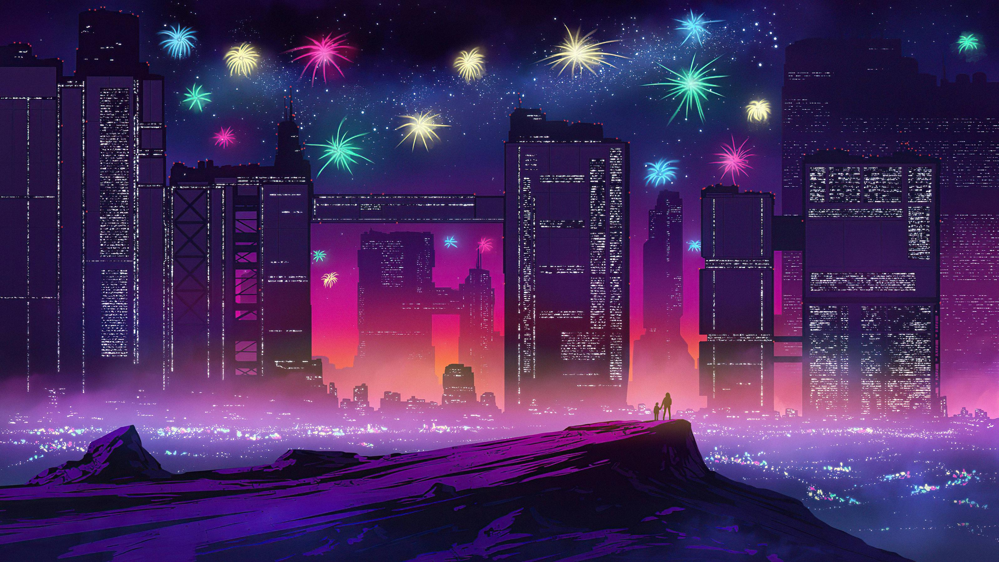 3192x1796 Fireworks in Futuristic City Wallpaper, HD Artist 4K Wallpaper, Image, Photo and Background