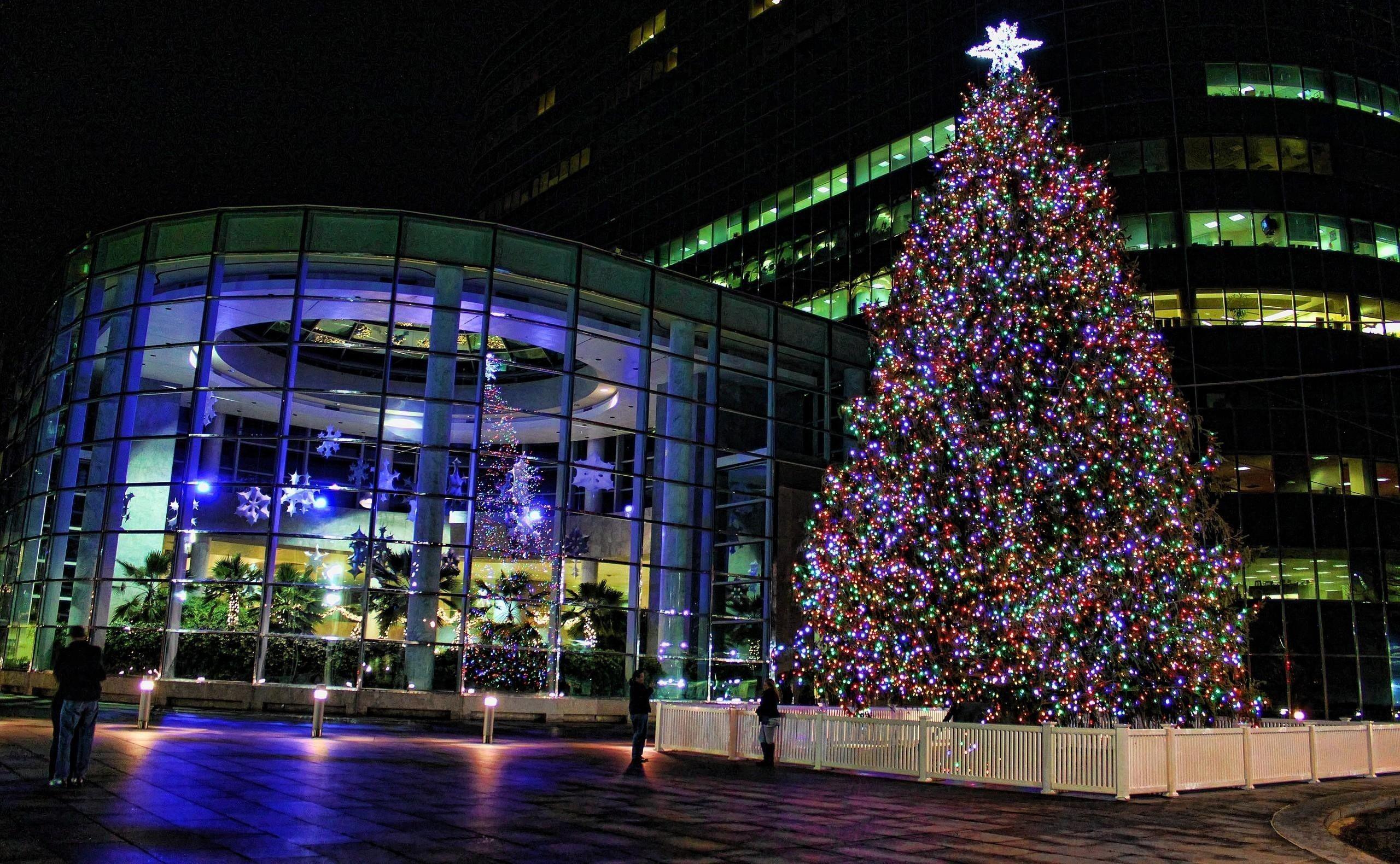 2560x1580 Tree, Christmas, Garland, Fencing, Street, Holiday wallpaper