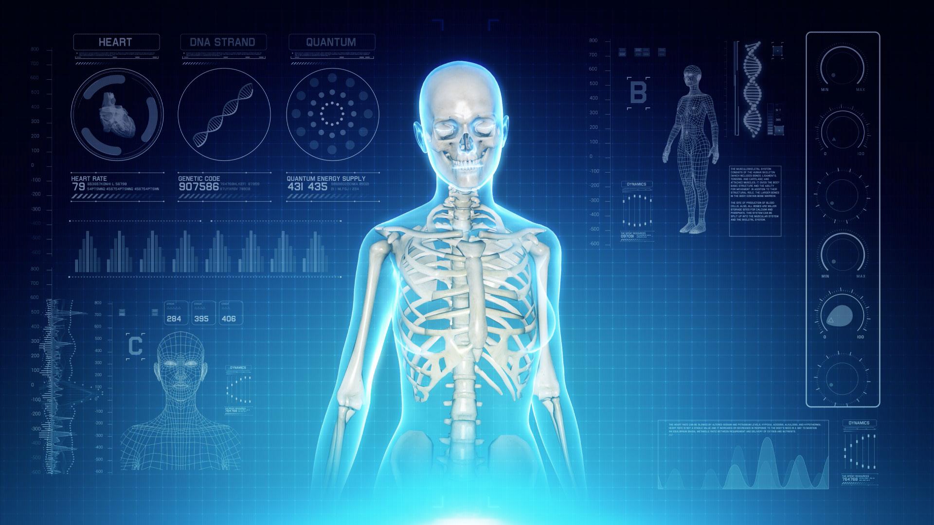 1920x1080 Futuristic Interface Display of Female Body Scan with Human Skeletal System Anatomy WALKING on Holographic Touch Screen on Blue Background 4K Ultra High Definition for Medical Application