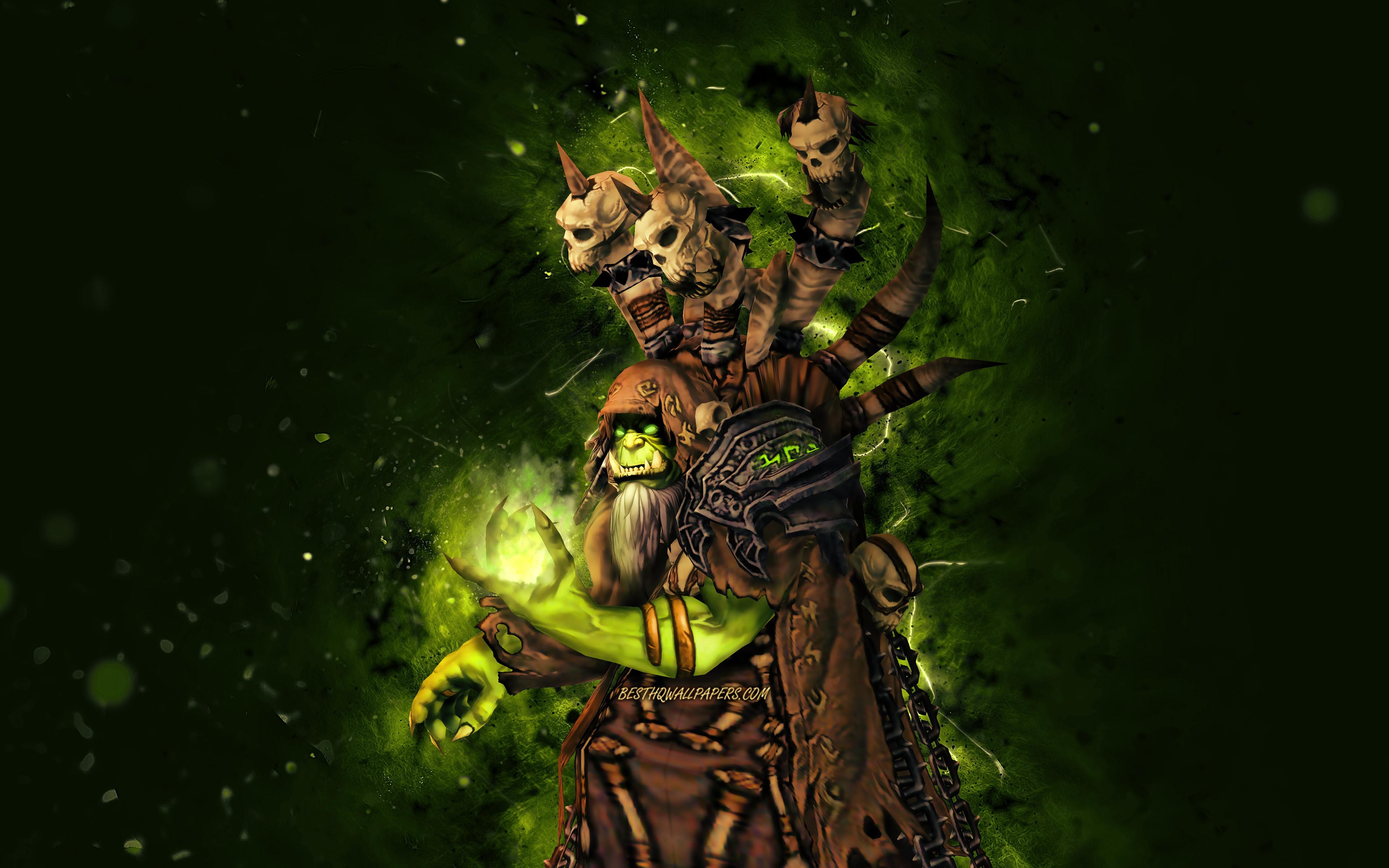 3840x2400 Download wallpaper Guldan, 4k, green neon lights, World of Warcraft, warriors, WoW, monstr, World of Warcraft Shadowlands, Guldan World of Warcraft for desktop with resolution 3840x2400. High Quality HD picture wallpaper