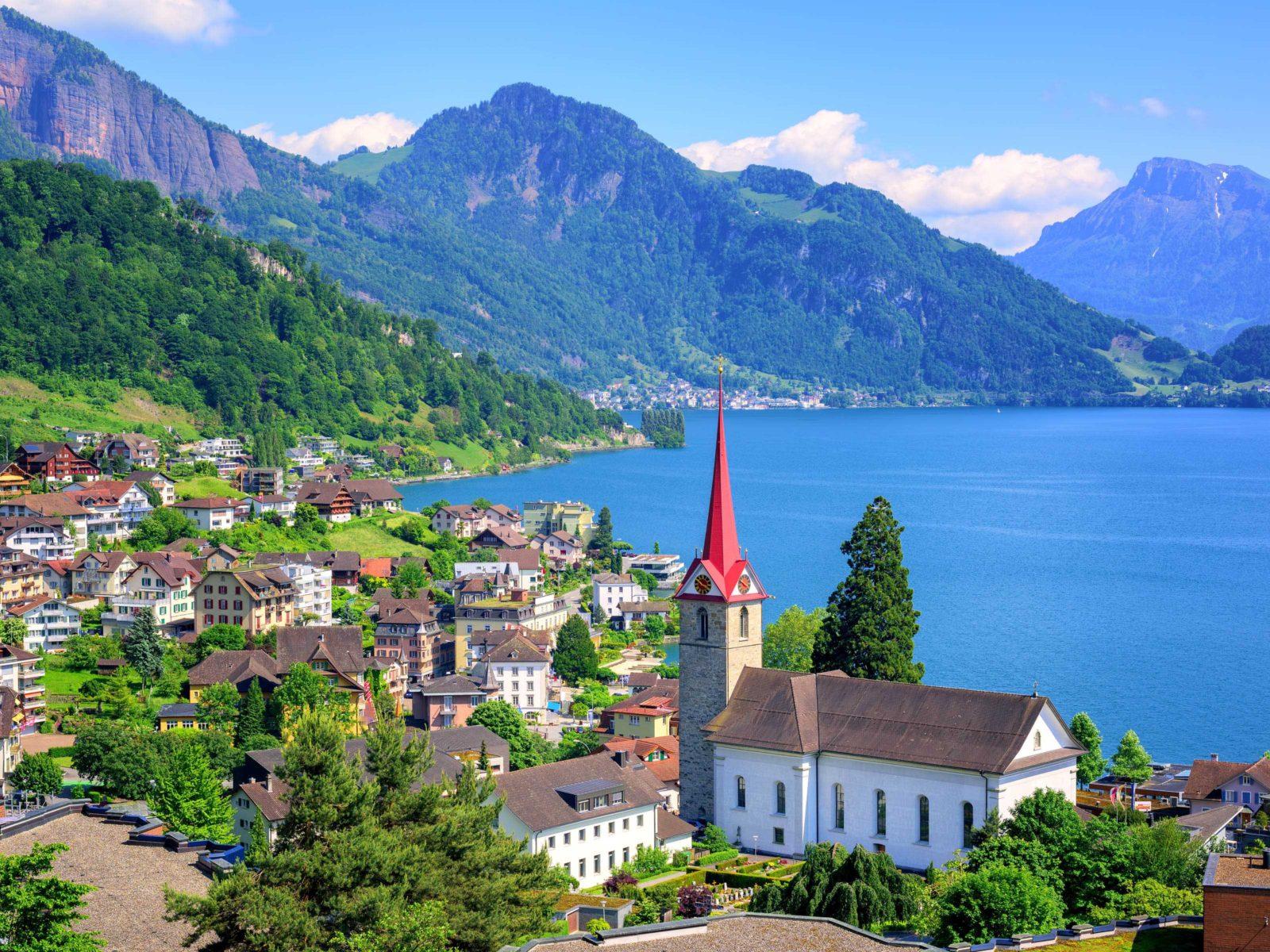1600x1200 Lake Lucerne In Switzerland Little Swiss Town With Gothic Church On Lake Lucerne And Alps Photo Landscape 4k Ultra HD Wallpaper For Desktop Laptop Tablet Mobile Phones And Tv :