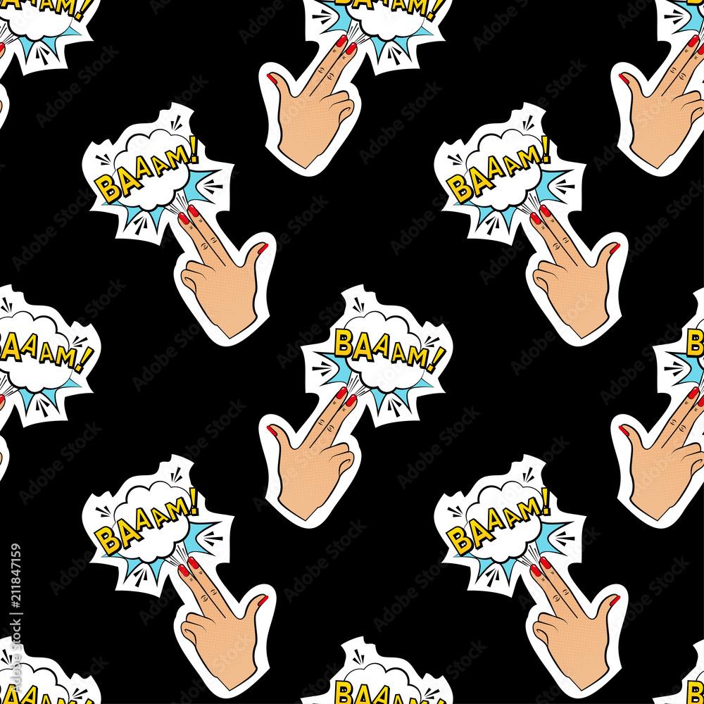 1000x1000 Abstract seamless pin up pattern for girls, boys, clothes. Creative vector pin up pattern with fingers gun, cloud. Funny pattern pop art wallpaper for textile and fabric. Fashion pop art style. Stock