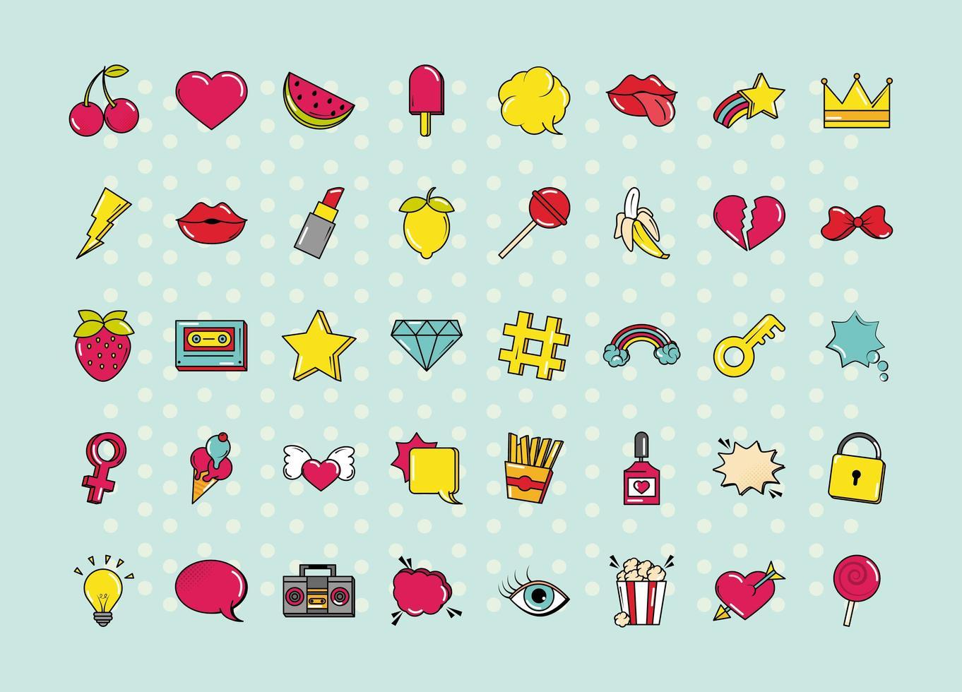 1362x980 pop art comic style funny fashion stickers kit flat icons set