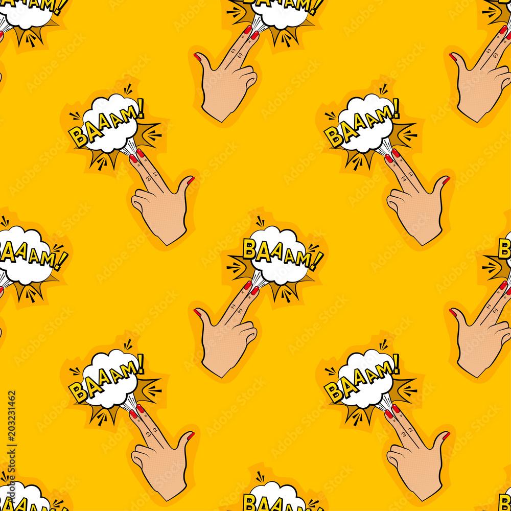 1000x1000 Abstract seamless pin up pattern for girls, boys, clothes. Creative vector pin up background with fingers gun, cloud. Funny pattern wallpaper for textile and fabric. Fashion pop art style. Stock Vector