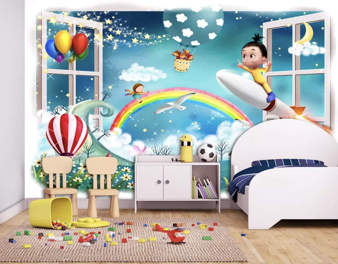 1358x1062 Murwall Kids Wallpaper Cartoon Little Kids Wall Mural Hot Air Balloon Wall Art 3D Rainbow Childroom Wall Decor Baby Room Girls Boys Bedroom : Handmade Products