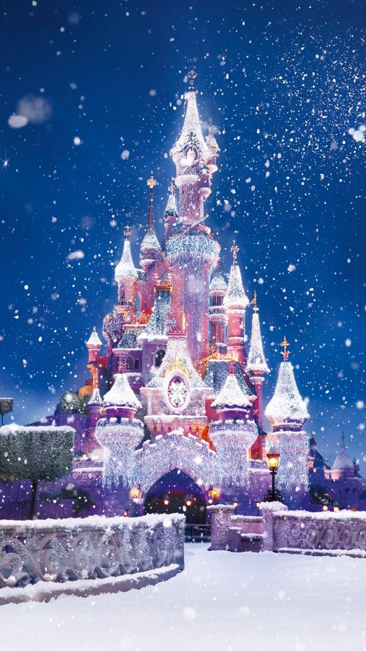 750x1334 Christmas And New Year, The Disney Castle, Snow Flying 750x1334 IPhone 8 7 6 6S Wallpaper, Background, Picture, Image