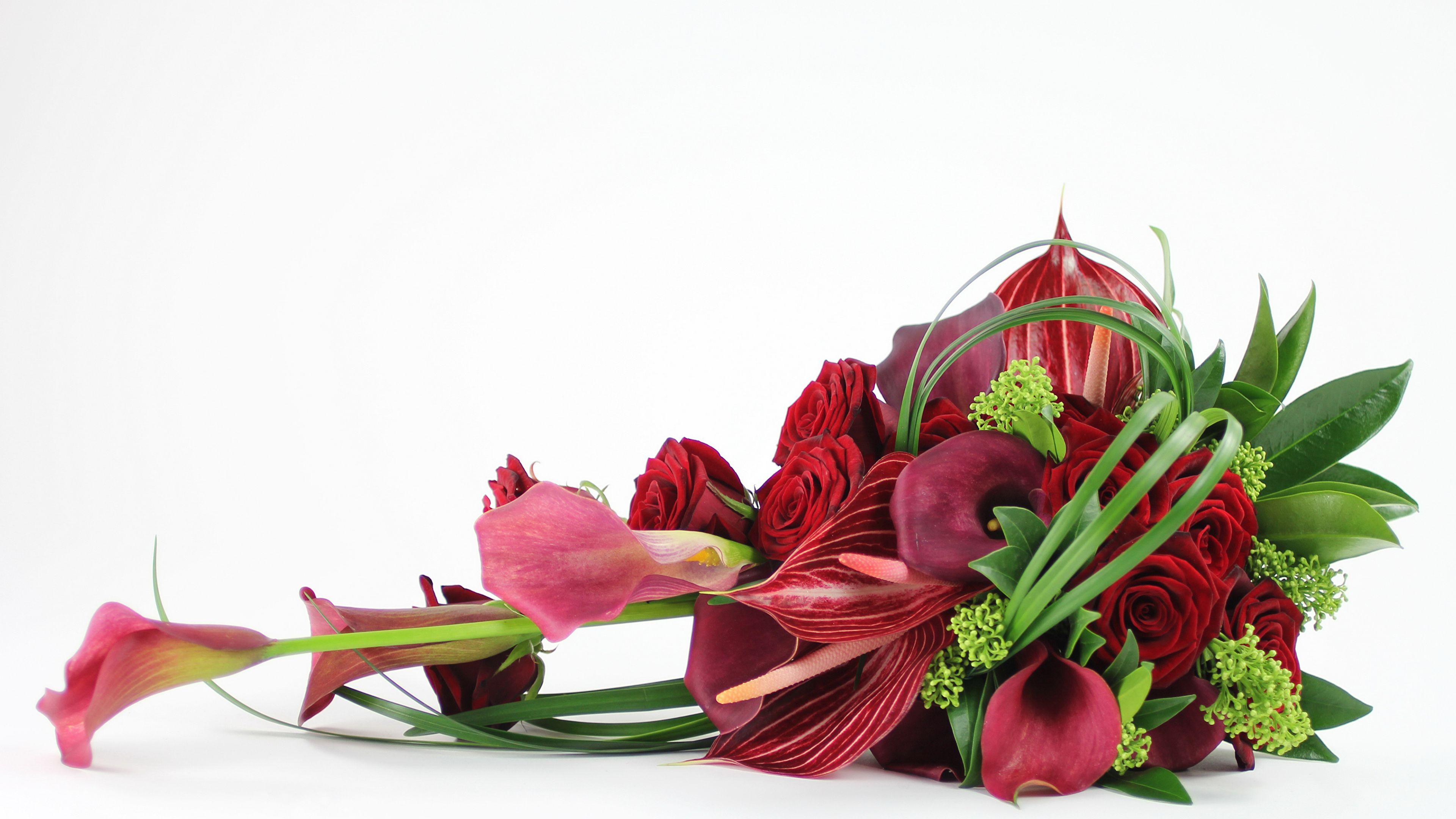 3840x2160 Picture Bouquets Roses Callas Flowers Anthurium White 3840x2160