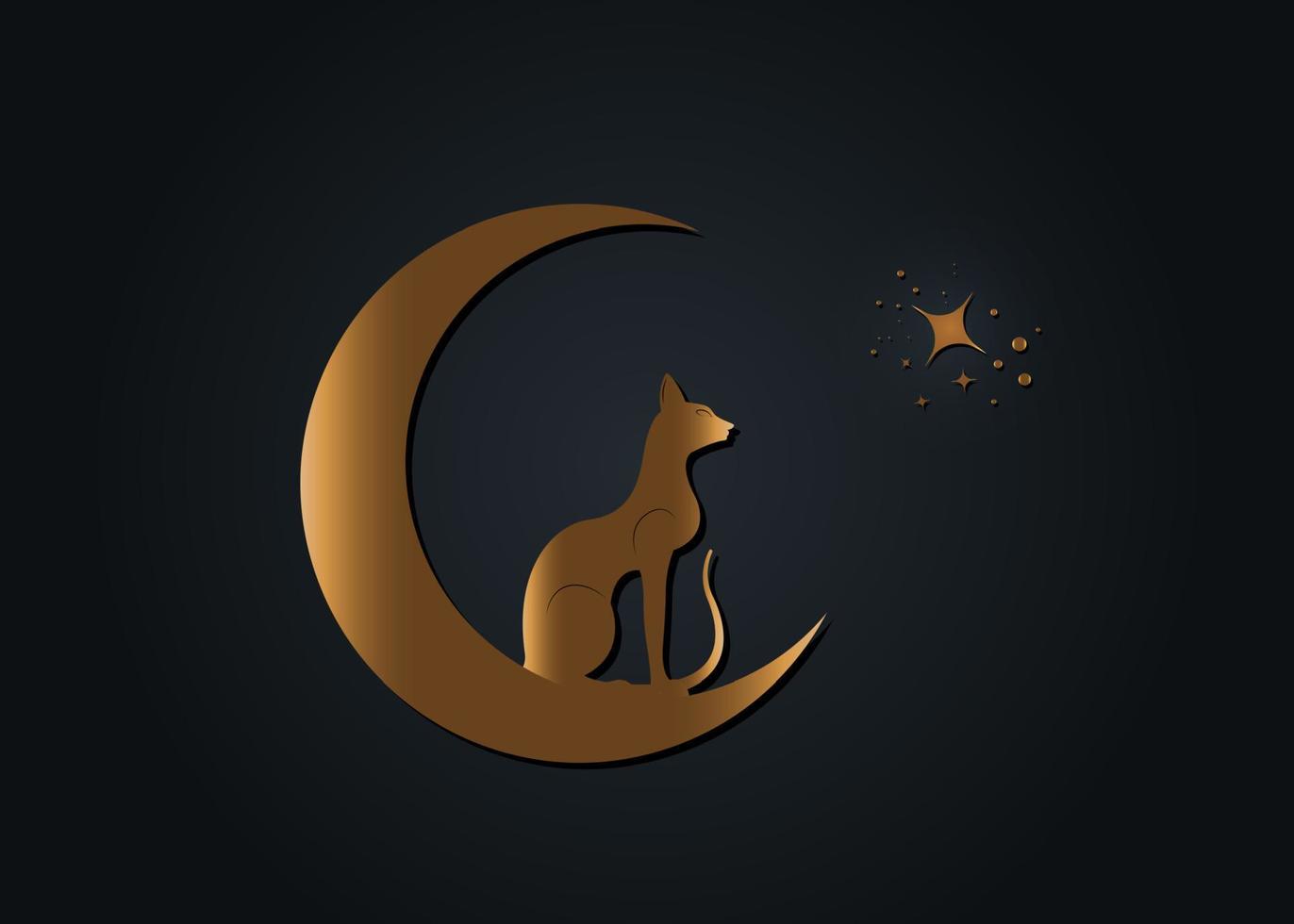1372x980 Egyptian Black Cat sitting on the crescent Moon, look at the stars. Golden Alchemy Logo Wicca symbol, boho style, gold tattoo icon. Vector illustration isolated on black background 4915431 Vector Art