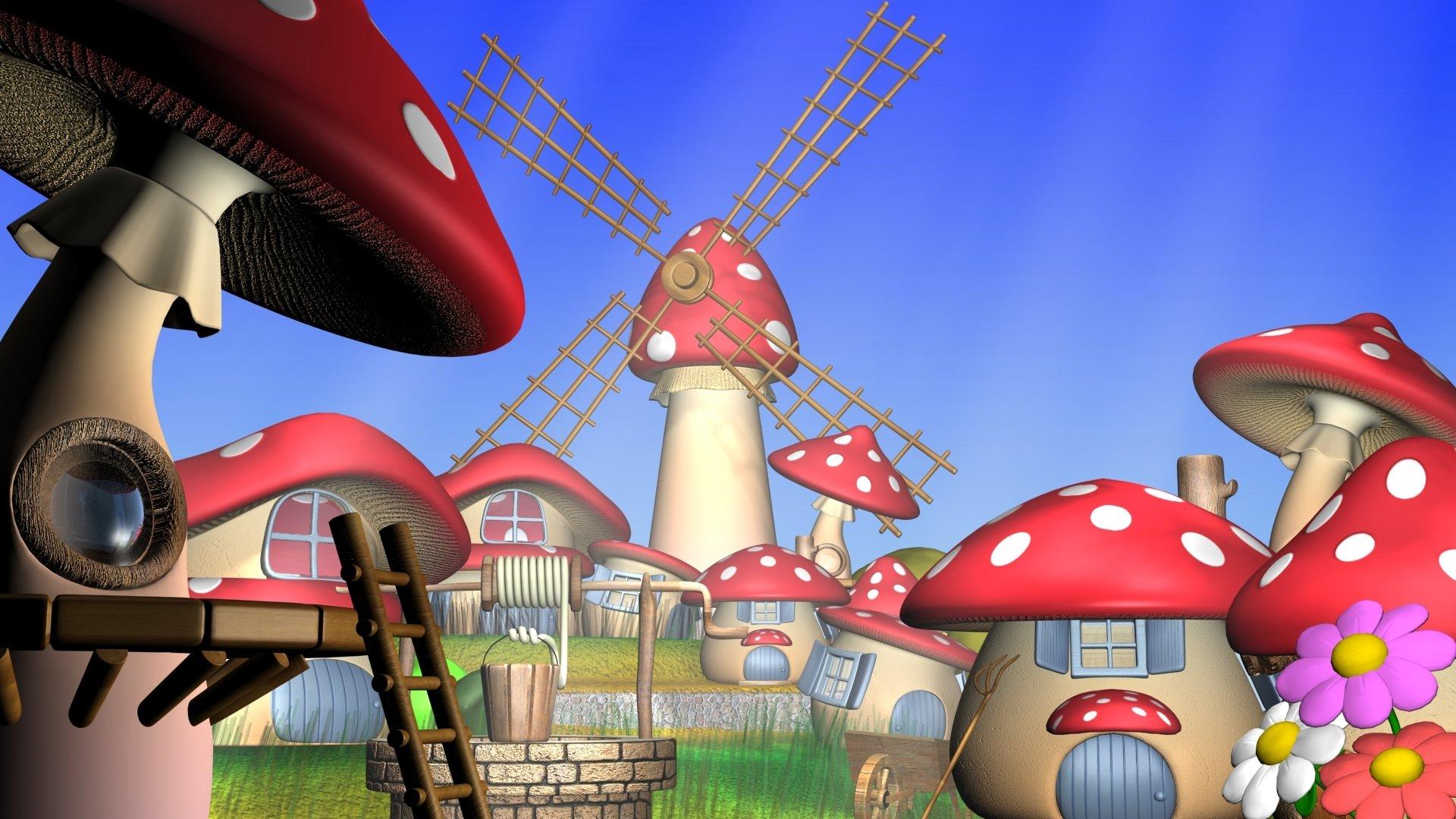 1920x1080 Cartoon mushroom village HD Wallpaper