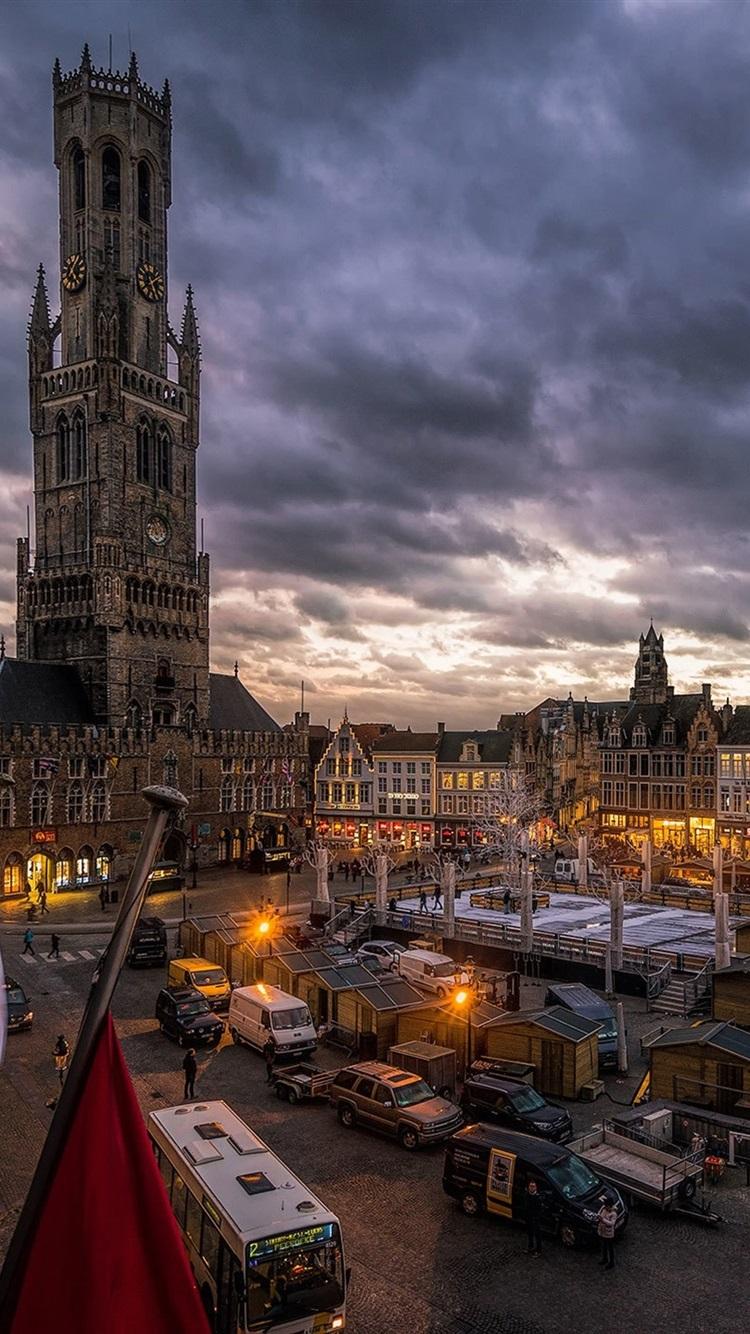 750x1334 Bruges, Belgium, City, Market, Houses, Dusk, Lights, Clouds 750x1334 IPhone 8 7 6 6S Wallpaper, Background, Picture, Image