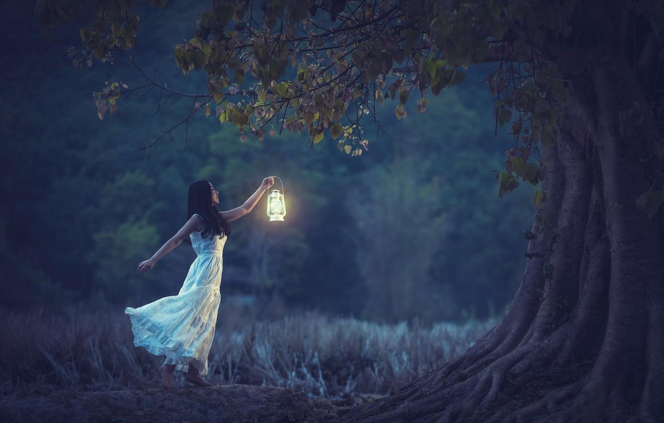 1332x850 Wallpaper girl, tree, mood, dress, lantern, Asian image for desktop, section настроения