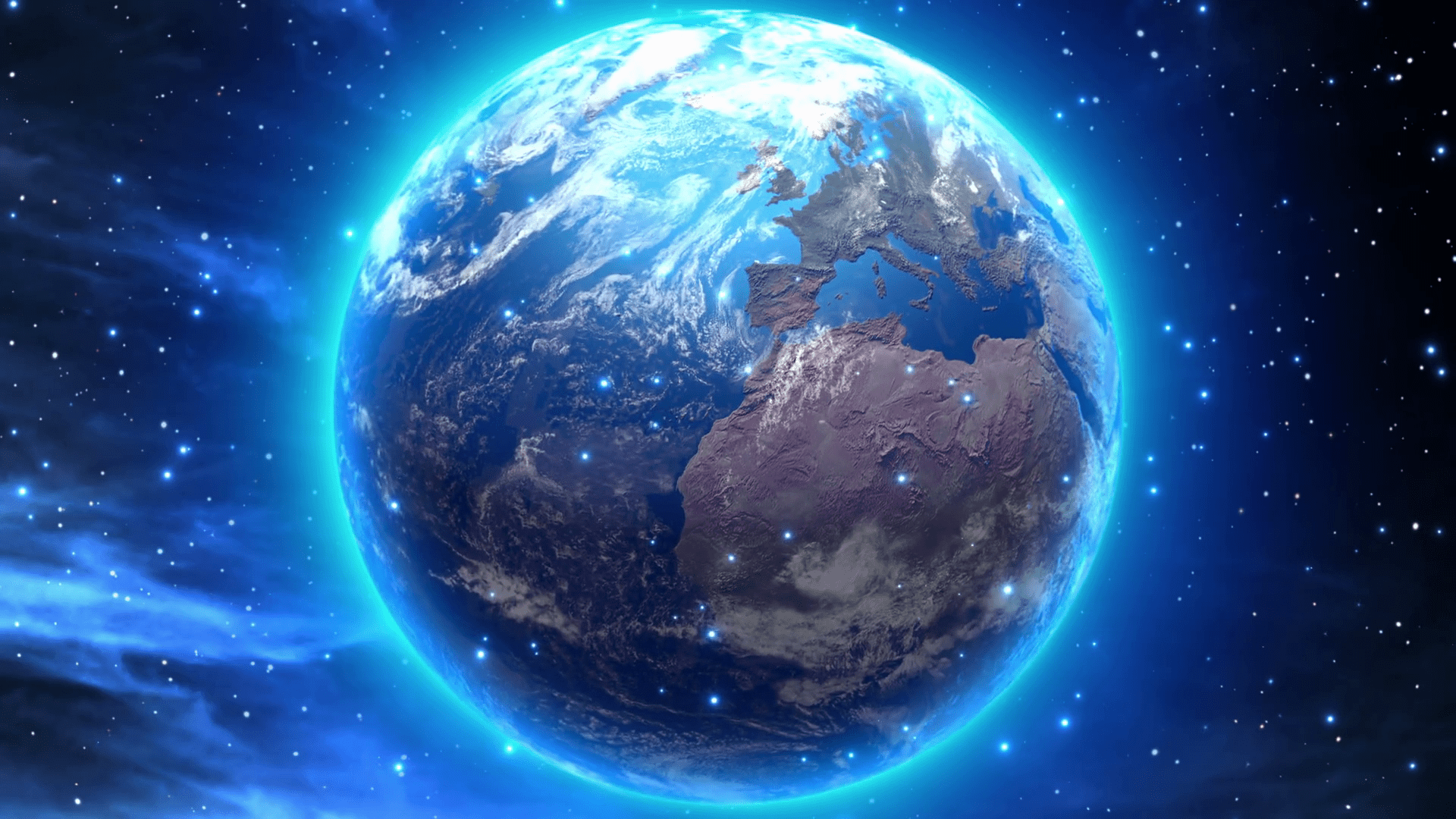 1920x1080 Rotating Dreamy Earth with Bright Blue Aura and Glow. Space Fantasy Seamless Looping Motion Background. DCI Ultra HD 4K 4096x2304. Full HD 1920x1080 Motion Background