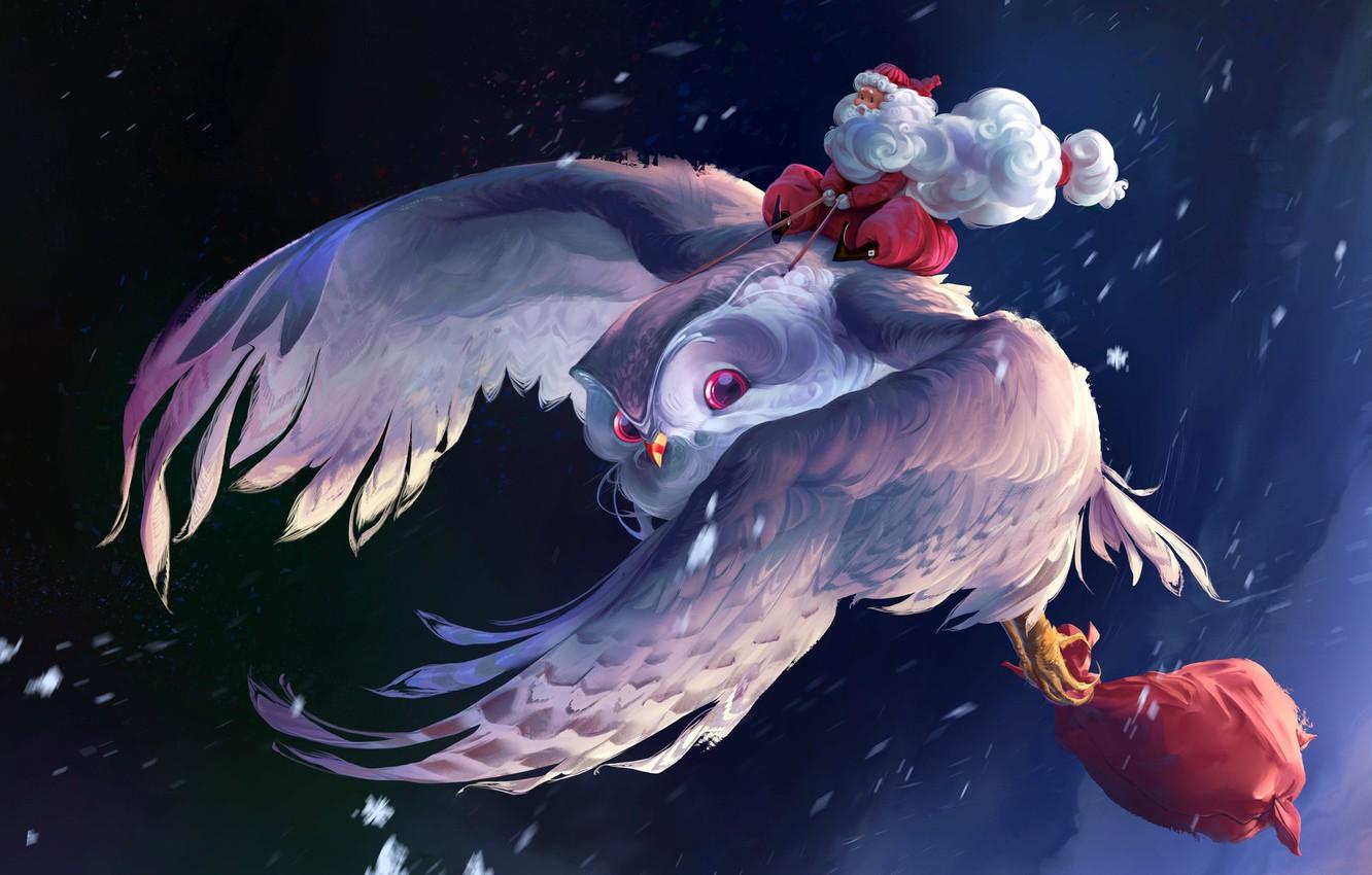 1332x850 Wallpaper fantasy, Christmas, flying, winter, snow, artist, digital art, bag, artwork, Santa Claus, owl, Thomas Chamberlain image for desktop, section фантастика