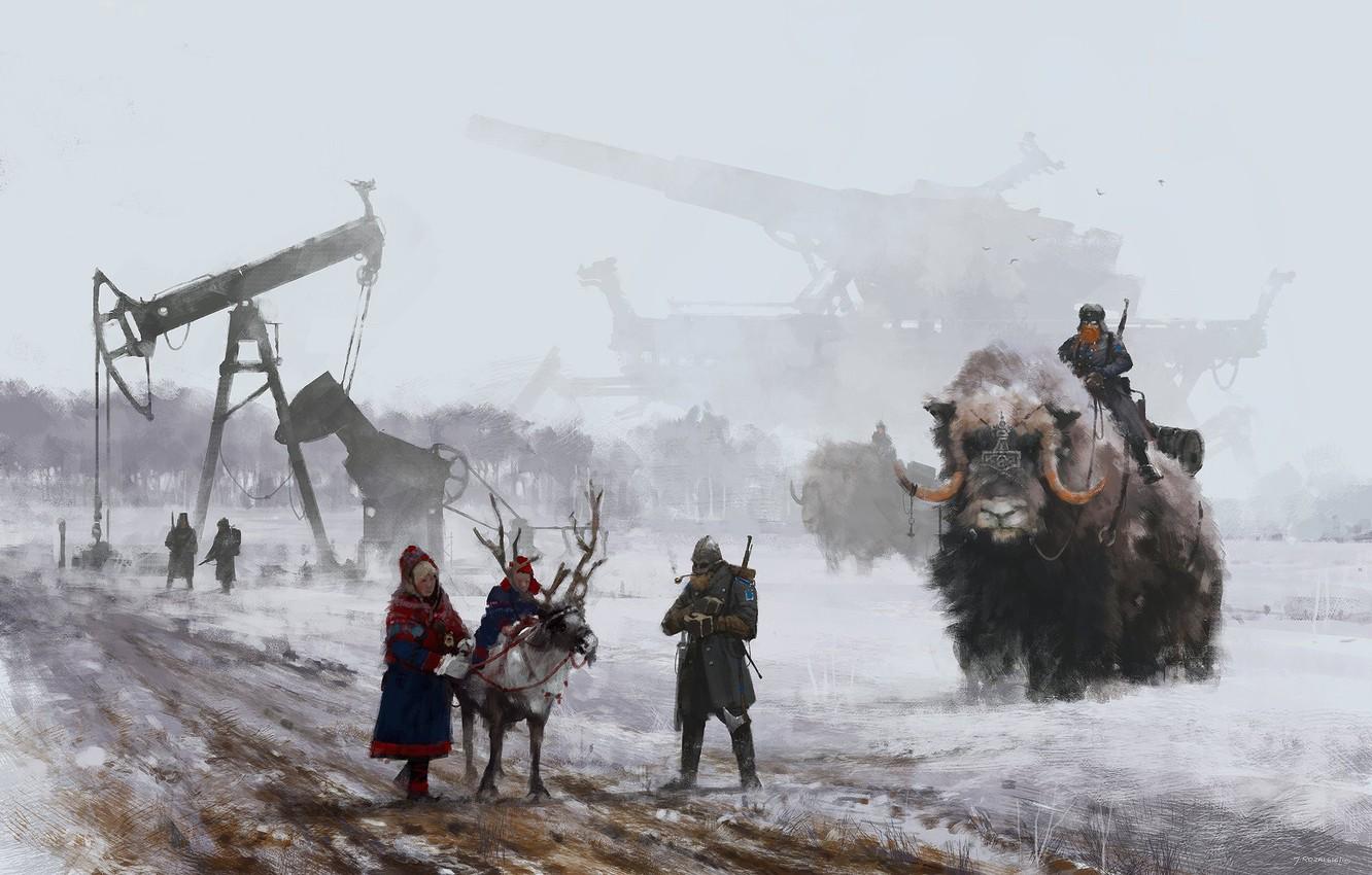 1332x850 Wallpaper game, soldier, machine, fog, man, reindeer, cannon, horn, Scythe, bison, perforator, peasants image for desktop, section игры