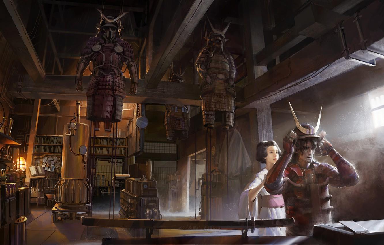1332x850 Wallpaper warrior, horns, helmet, the room, Steampunk samurai mash up image for desktop, section рендеринг