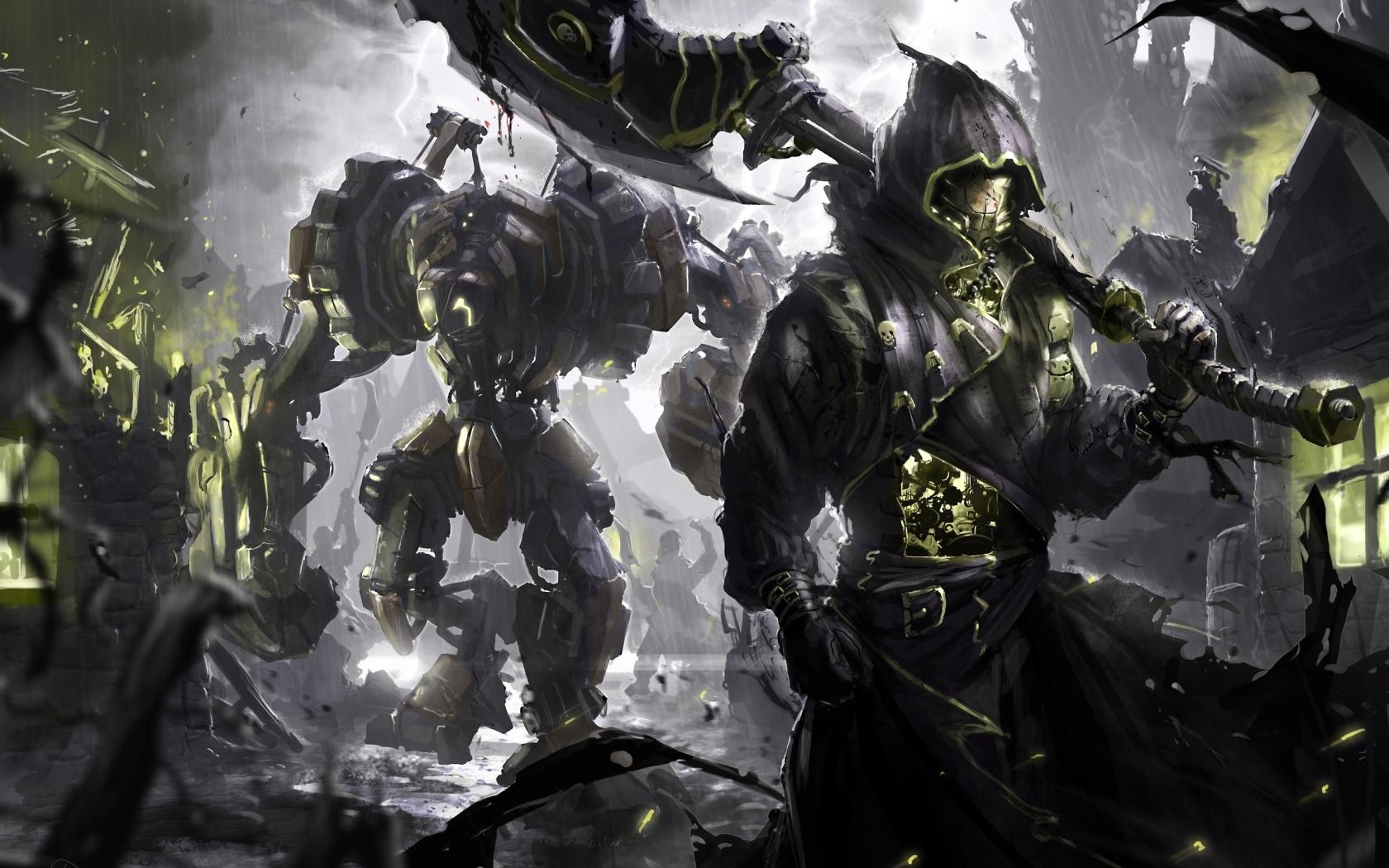 1680x1050 Wallpaper Robots, Steampunk World, Cyborg, Sci Fi, Big Weapons, Creatures:2560x1600