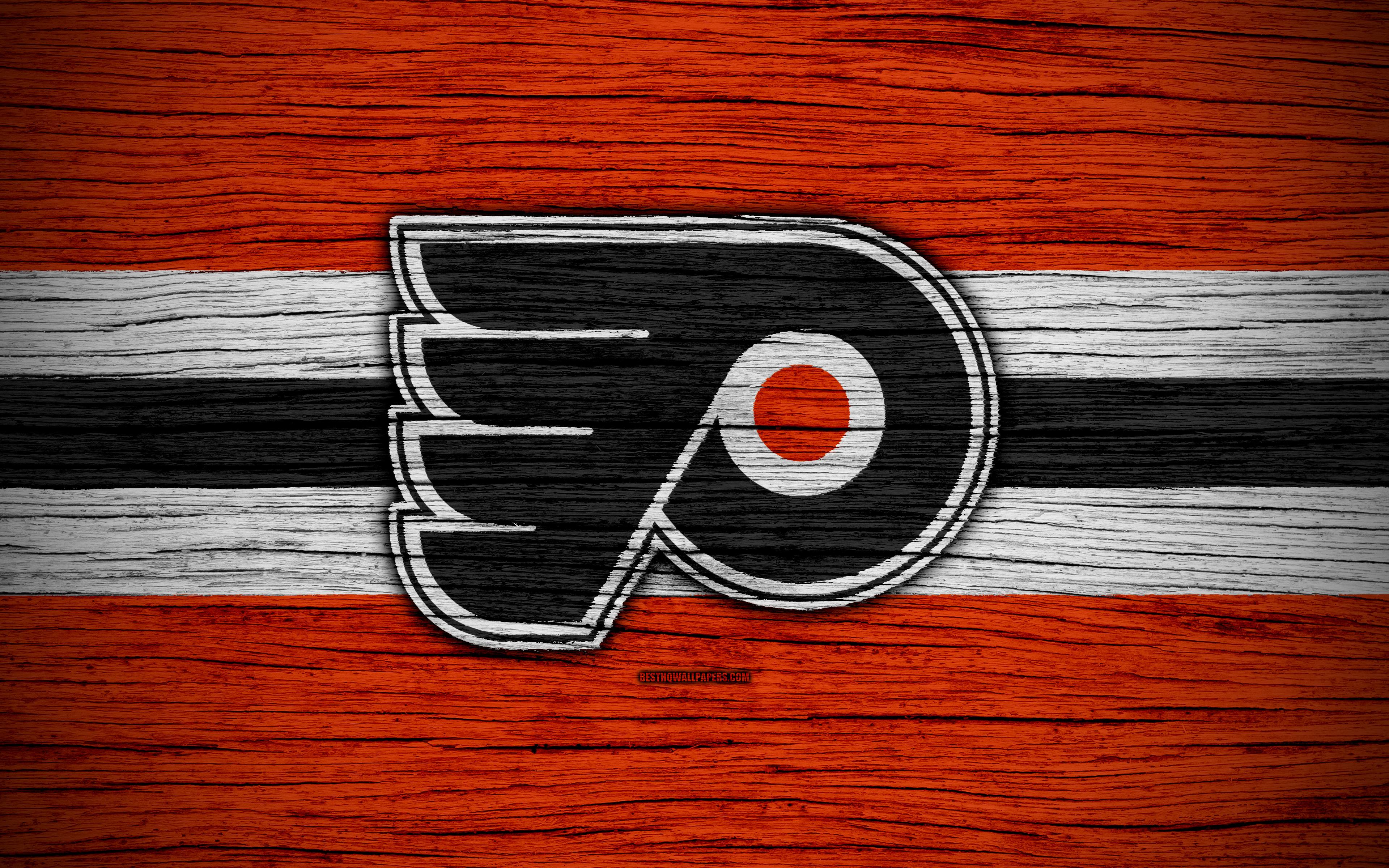 3840x2400 Download wallpaper Philadelphia Flyers, 4k, NHL, hockey club, Eastern Conference, USA, logo, wooden texture, hockey, Metropolitan Division for desktop with resolution 3840x2400. High Quality HD picture wallpaper