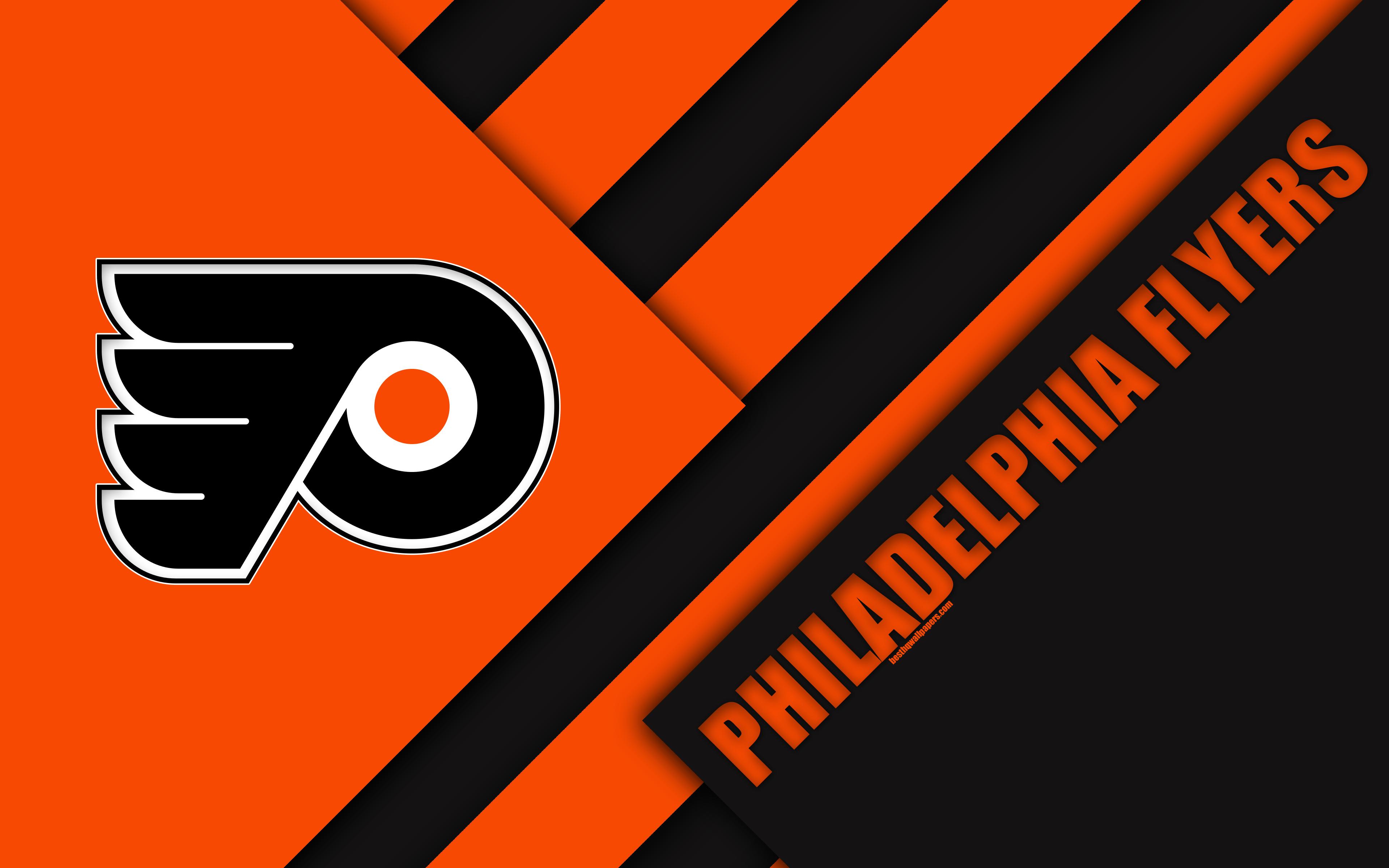 3840x2400 Download wallpaper Philadelphia Flyers, NHL, 4k, material design, logo, orange black abstraction, lines, American hockey club, Philadelphia, Pennsylvania, USA, National Hockey League for desktop with resolution 3840x2400. High Quality HD picture