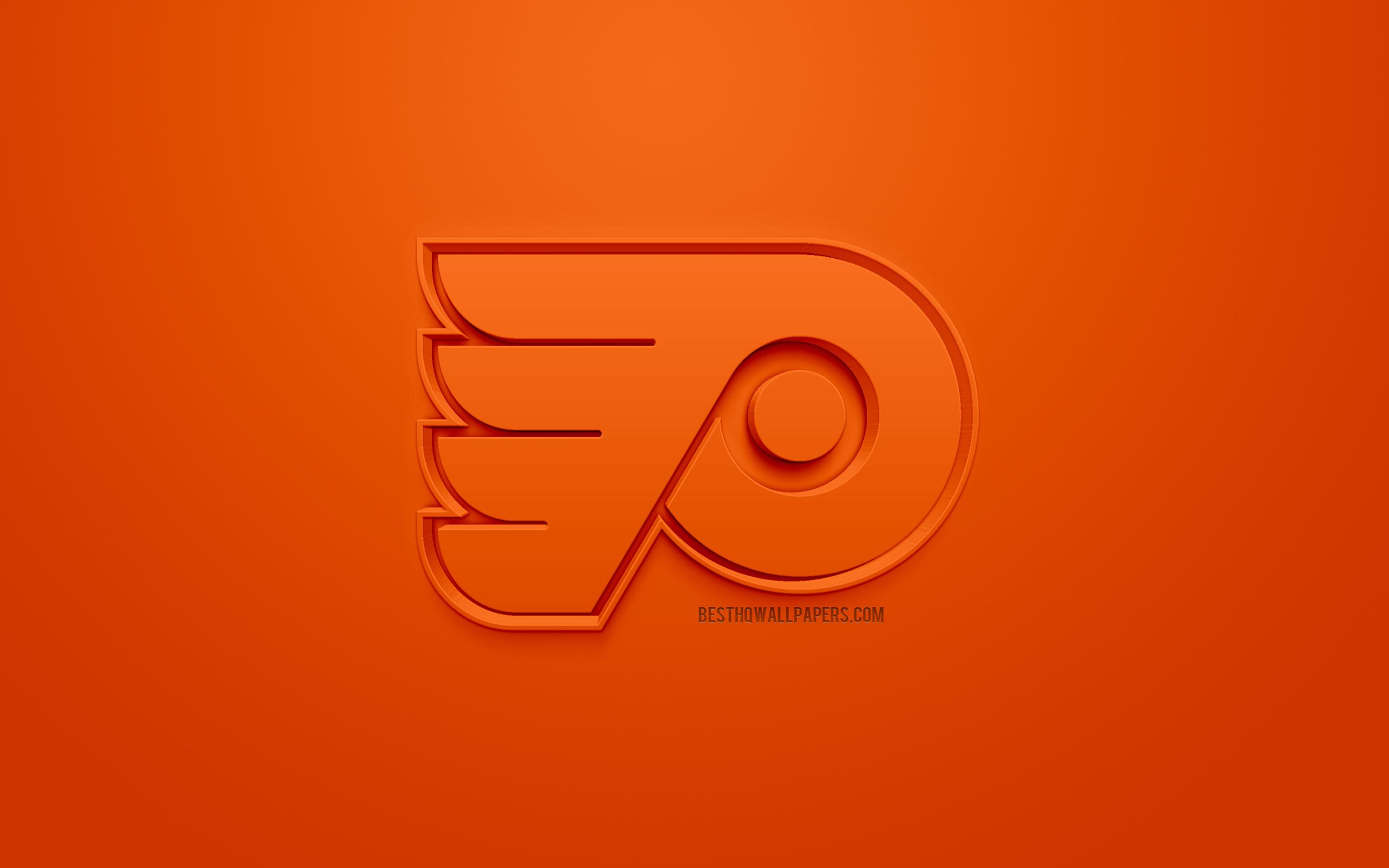 2560x1600 Download wallpaper Philadelphia Flyers, American hockey club, creative 3D logo, orange background, 3D emblem, NHL, Philadelphia, Pennsylvania, USA, National Hockey League, 3D art, hockey, 3D logo for desktop with resolution 2560x1600. High