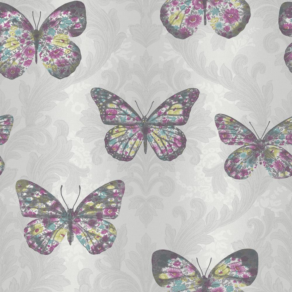 1000x1000 ARTHOUSE MIDSUMMER DAMASK PATTERN FLORAL BUTTERFLY MOTIF GLITTER