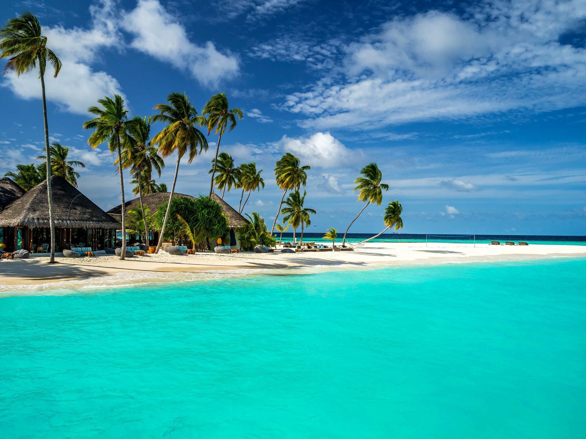 1920x1440 Tropical Island Maldives Indian Ocean Palm Tree Turkuaz Horizon Bungalow House Blue Sky Cloud Beach Beautiful HD Wallpaper For Deskx3250 :