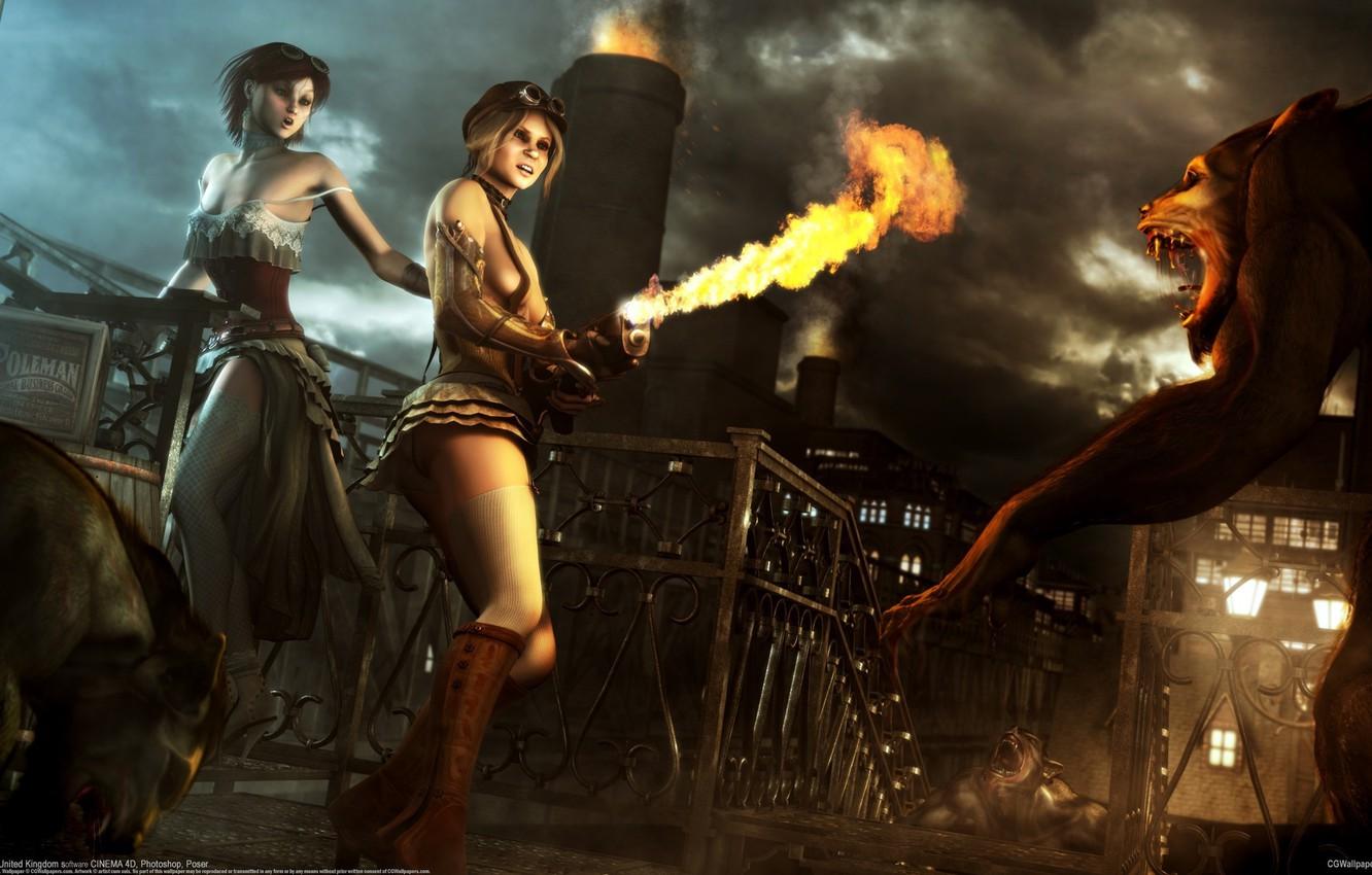 1332x850 Wallpaper girls, monsters, werewolves, Ian Grainger, flamethrower image for desktop, section рендеринг