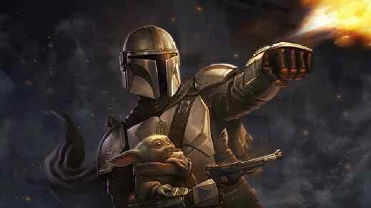 1280x720 Mandalorian Flamethrower and Baby Yoda with Gun Desktop Wallpaper