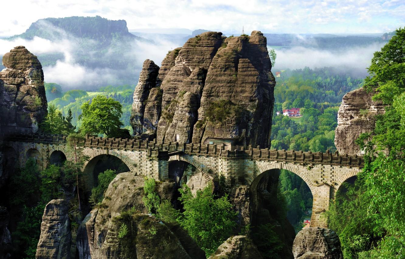 1332x850 Wallpaper hdr, panorama, Germany, multi monitors, Germany, ultra hd, bastei bridge, mountains the Elbe, The Bridge Bastei image for desktop, section пейзажи