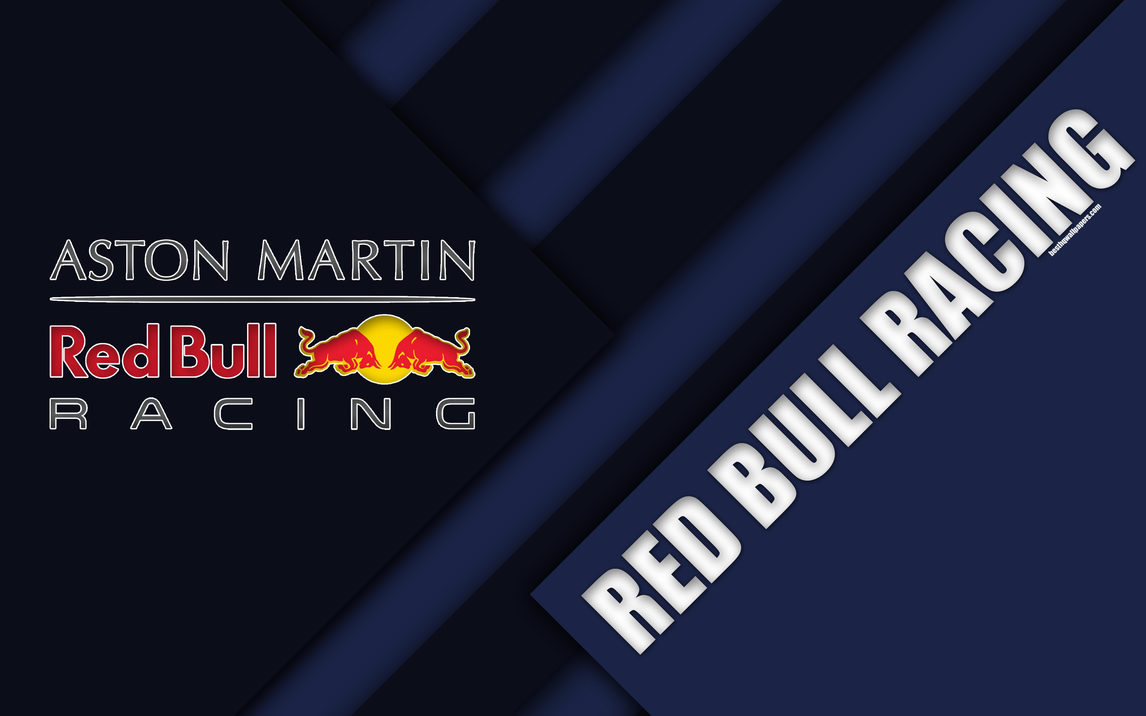 3840x2400 Download wallpaper Aston Martin Red Bull Racing, Red Bull F 4k, Formula emblem, logo, material design, abstraction, season F1 race, Red Bull for desktop with resolution 3840x2400. High Quality HD