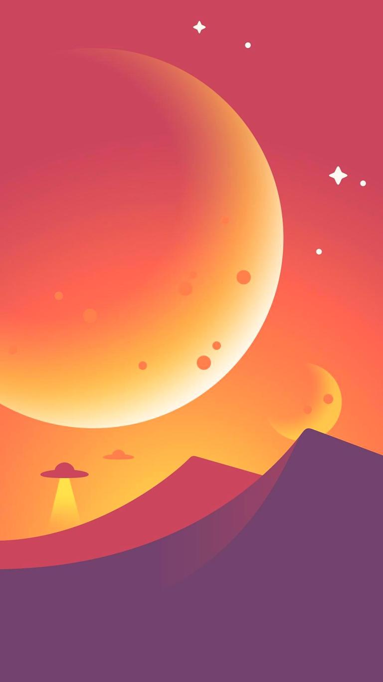 768x1365 Flat Design Illustration Landscape Moon UFO Mobile Wallpaper