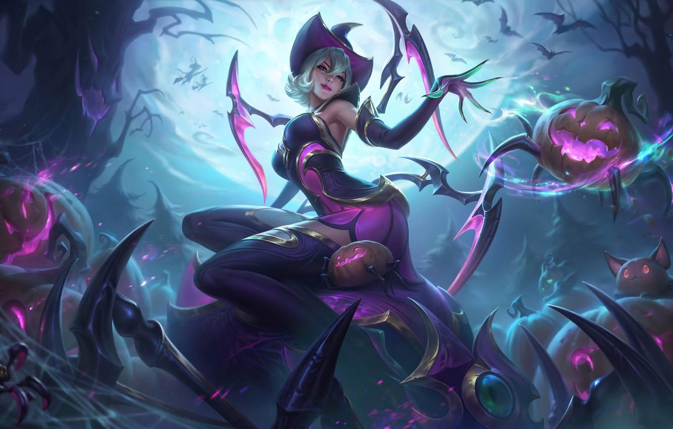 1332x850 Wallpaper spider, dark, Halloween, girl, fantasy, game, cat, blue eyes, League of Legends, holiday, digital art, artwork, pumpkin, fantasy art, witch, Elise image for desktop, section игры