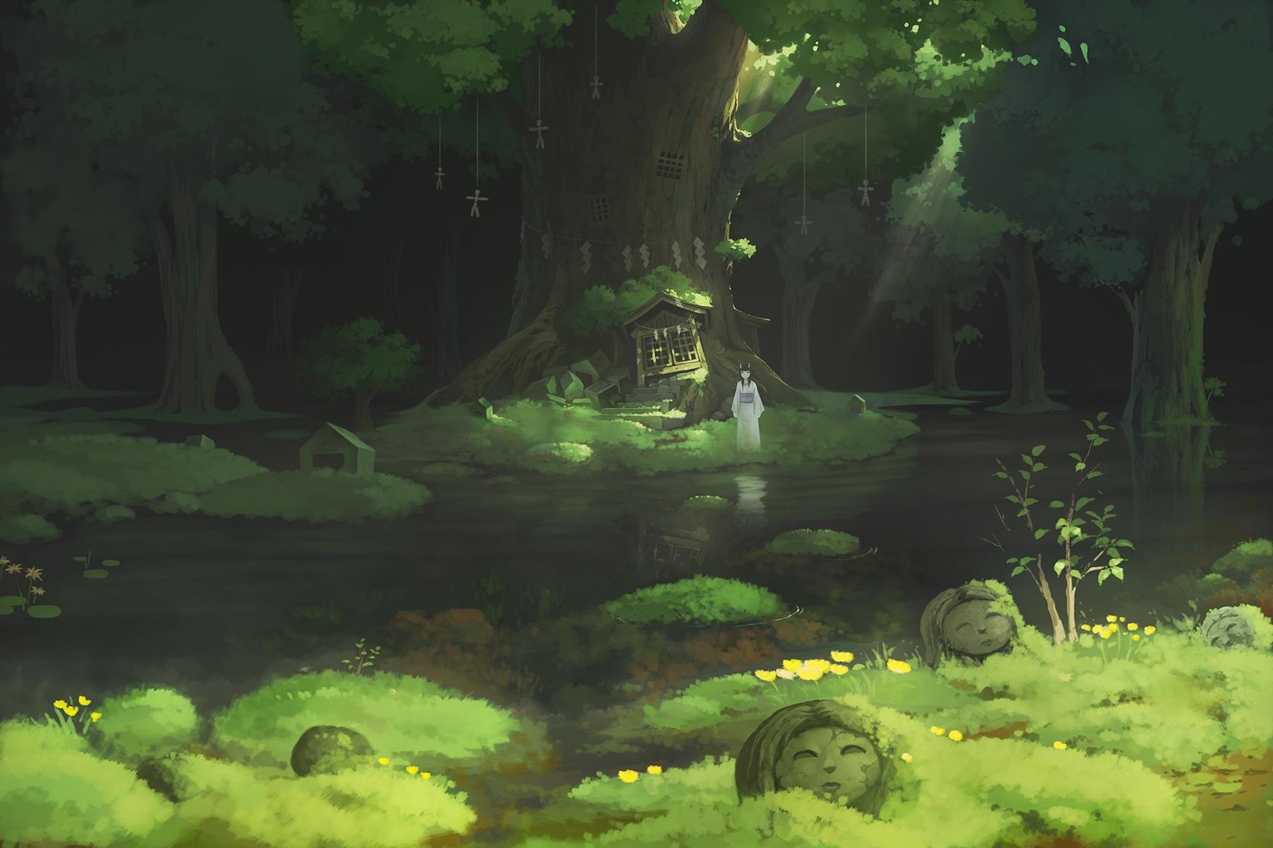 1800x1200 Download 1800x1200 Anime Girl, Forest, Water, Trees, Traditional Clothes, Foliage, Shrine Wallpaper