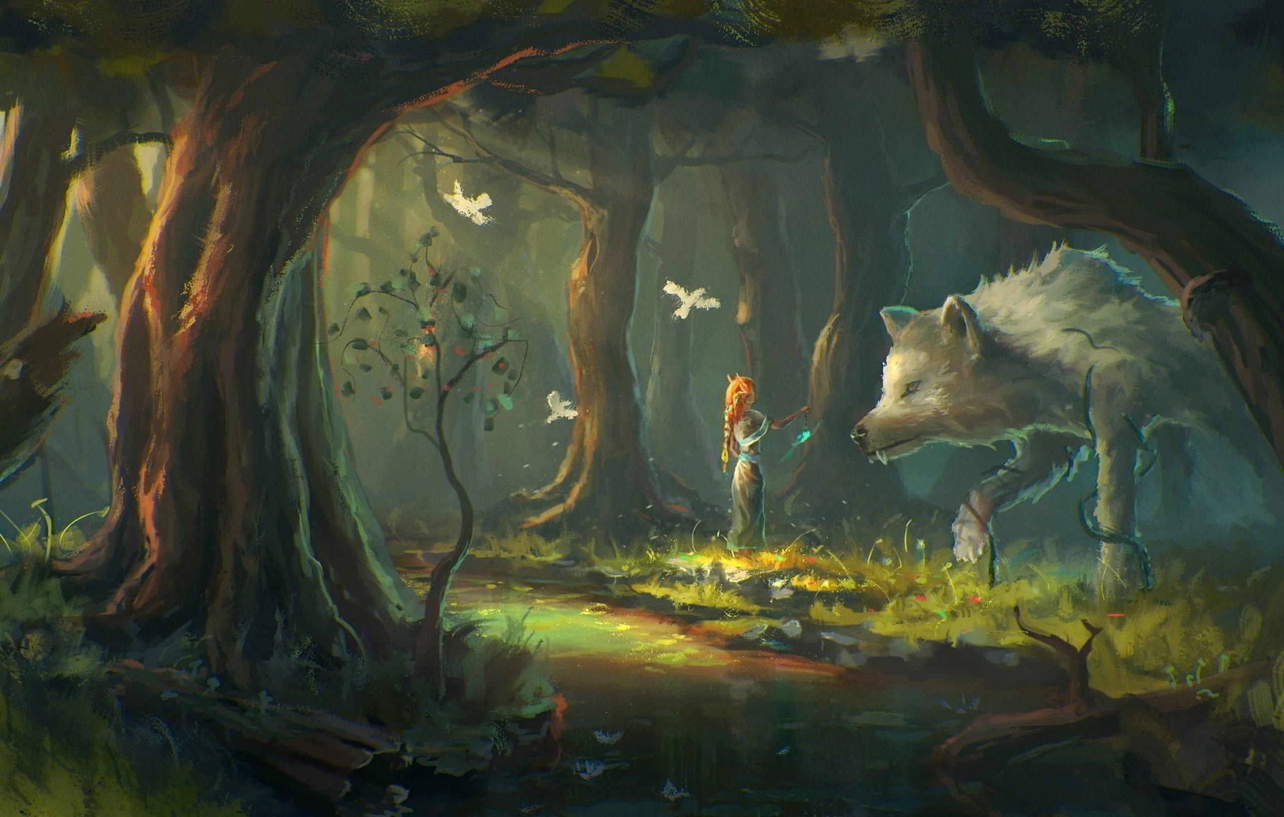 2560x1629 Woman And Wolf Painting Wallpaper, Fantasy Art, Forest • Wallpaper For You