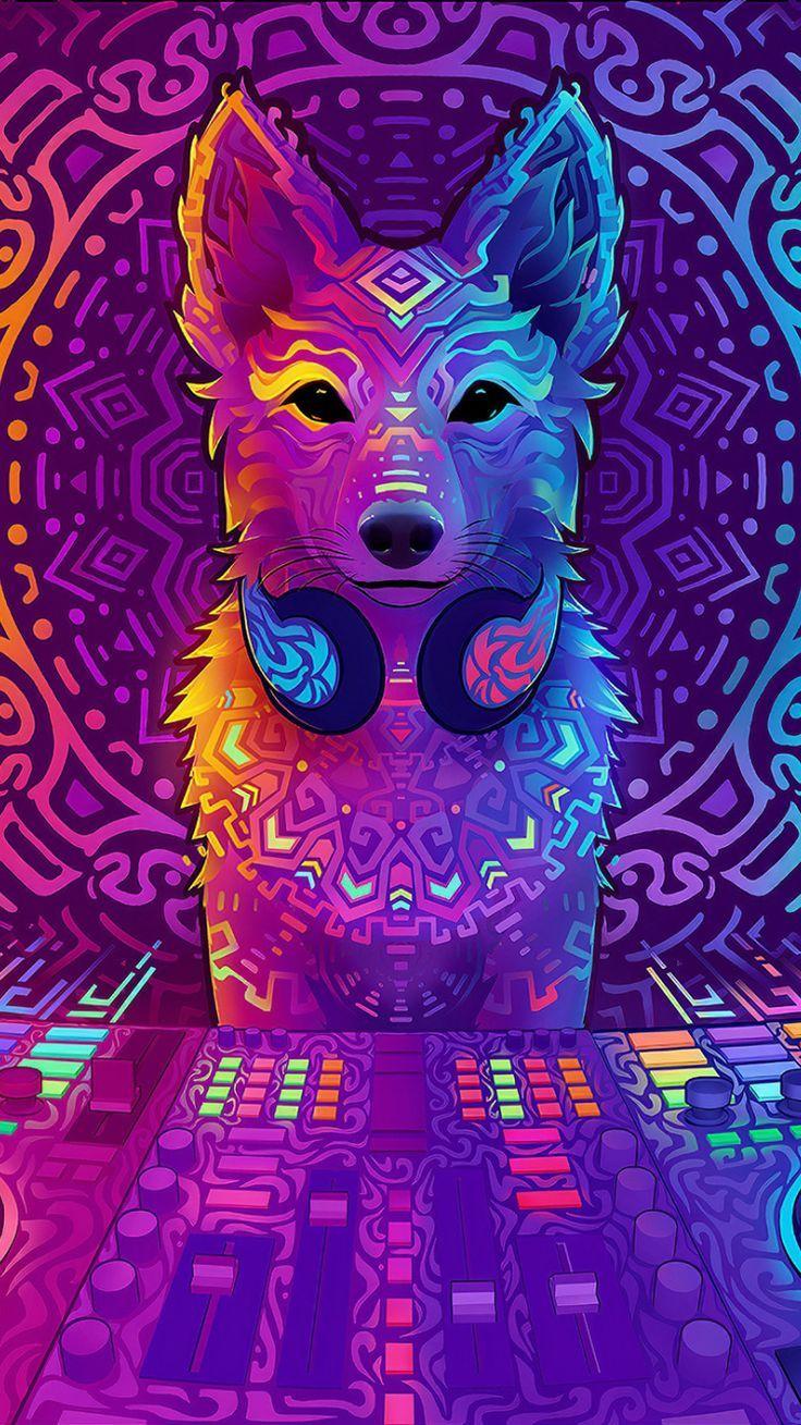 736x1309 Wolf disco jockey music artwork wallpaper. Music artwork, Psychedelic art, Furry art