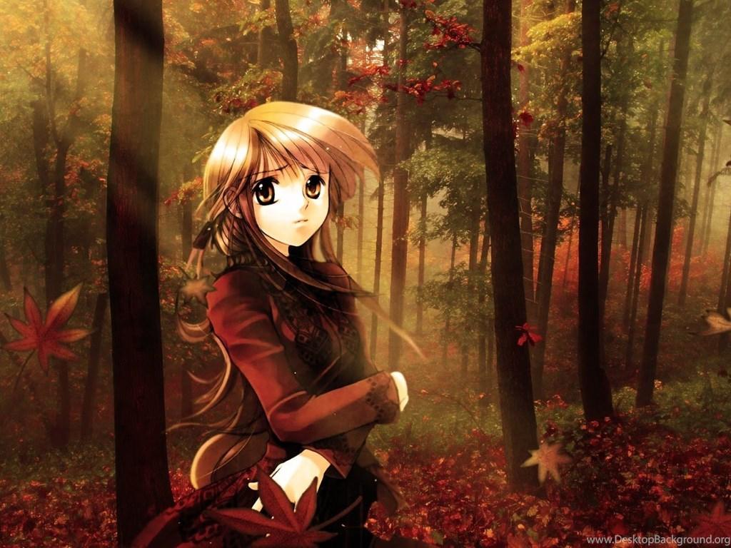 1024x768 Anime Girl Autumn Fall Mystery Wallpaper Desktop Background